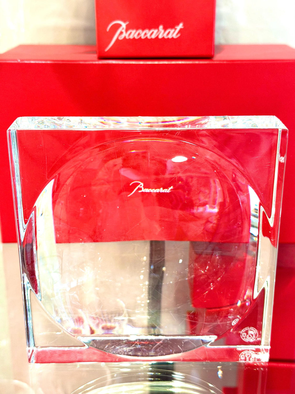 Baccarat Crystal Block Vase – Signed French Modern Glass Catchall 5” x 4” with Box