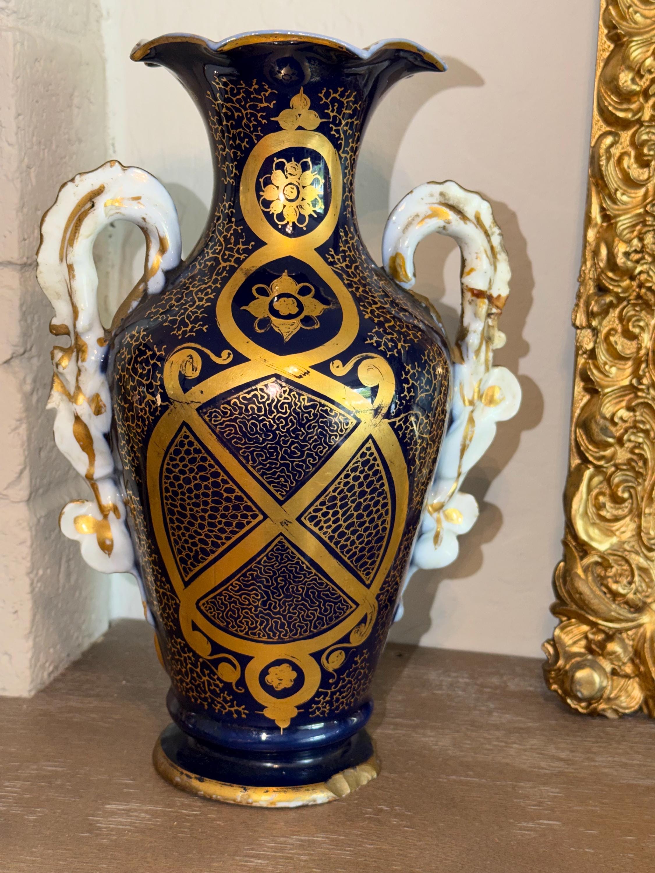 Cobalt Blue Porcelain Vase – Hand Painted Gilt Portrait Urn 12 Inch