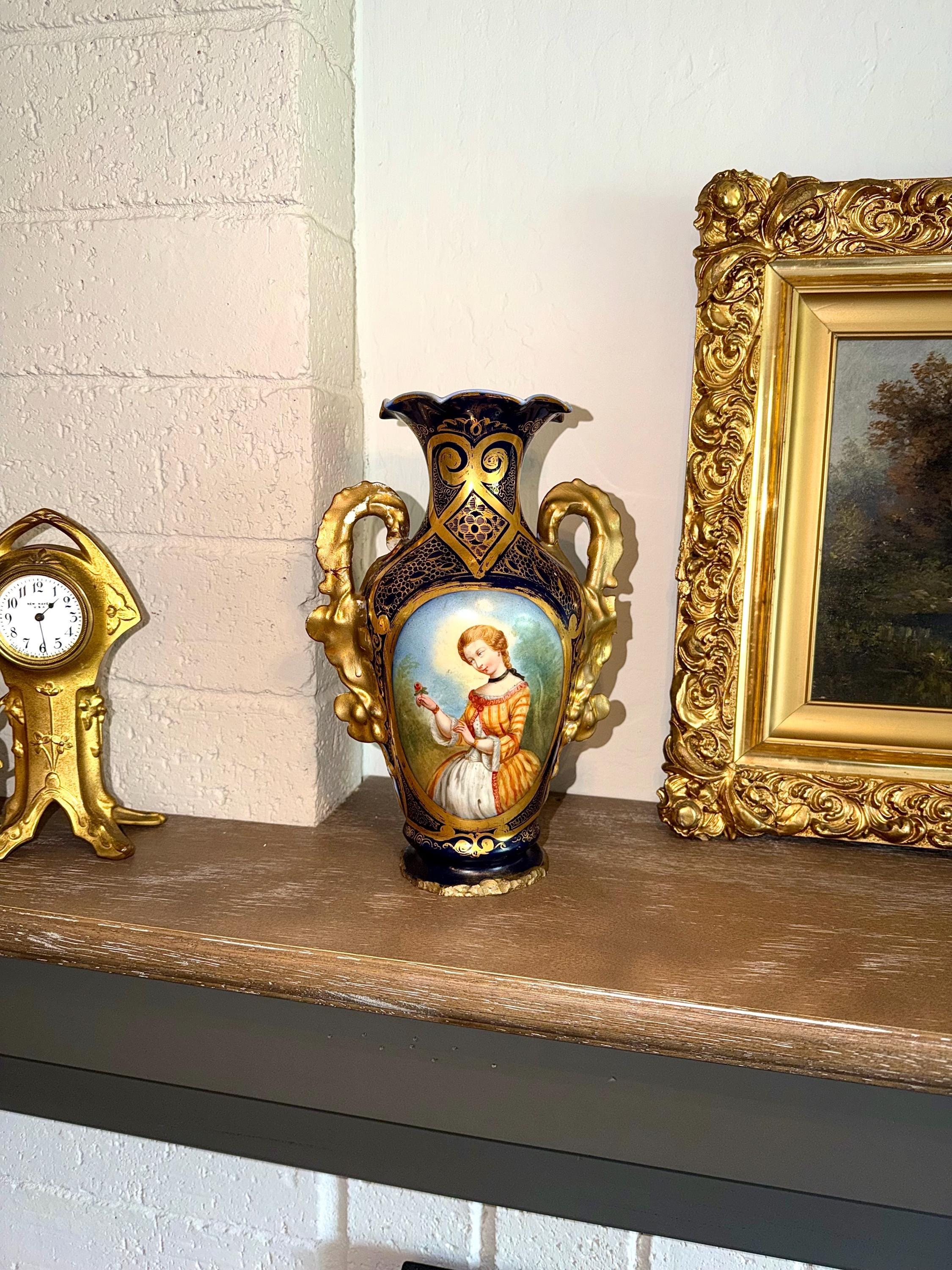 Cobalt Blue Porcelain Vase – Hand Painted Gilt Portrait Urn 12 Inch