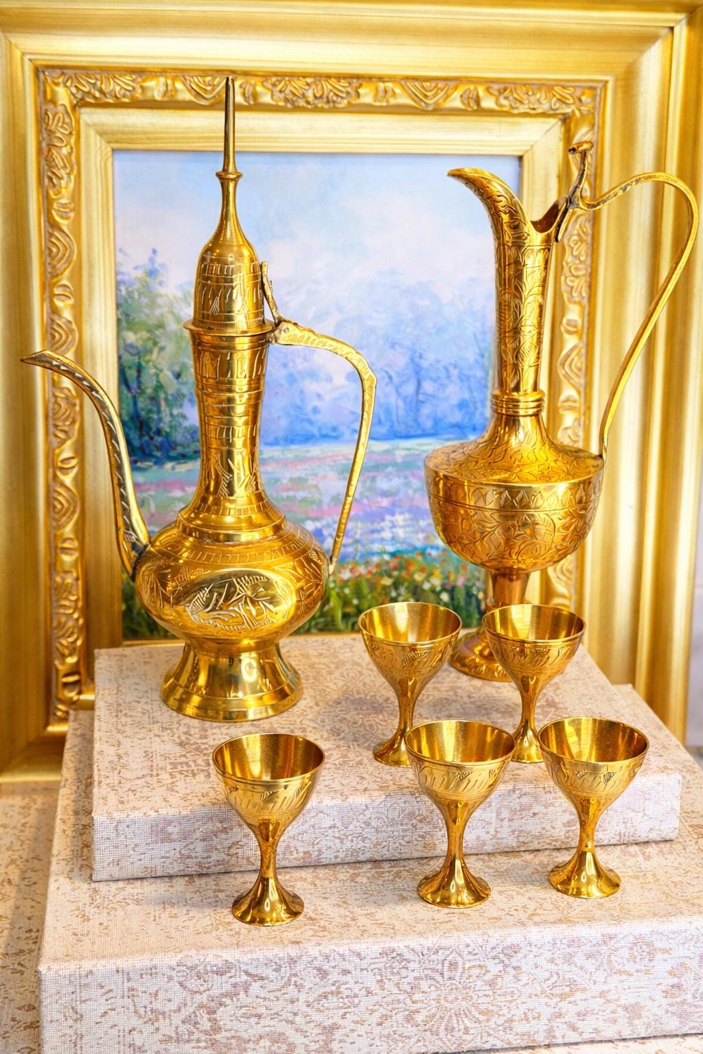 Hand-Engraved Brass Coffee Ewer Set with Six Goblets – Middle Eastern Barware
