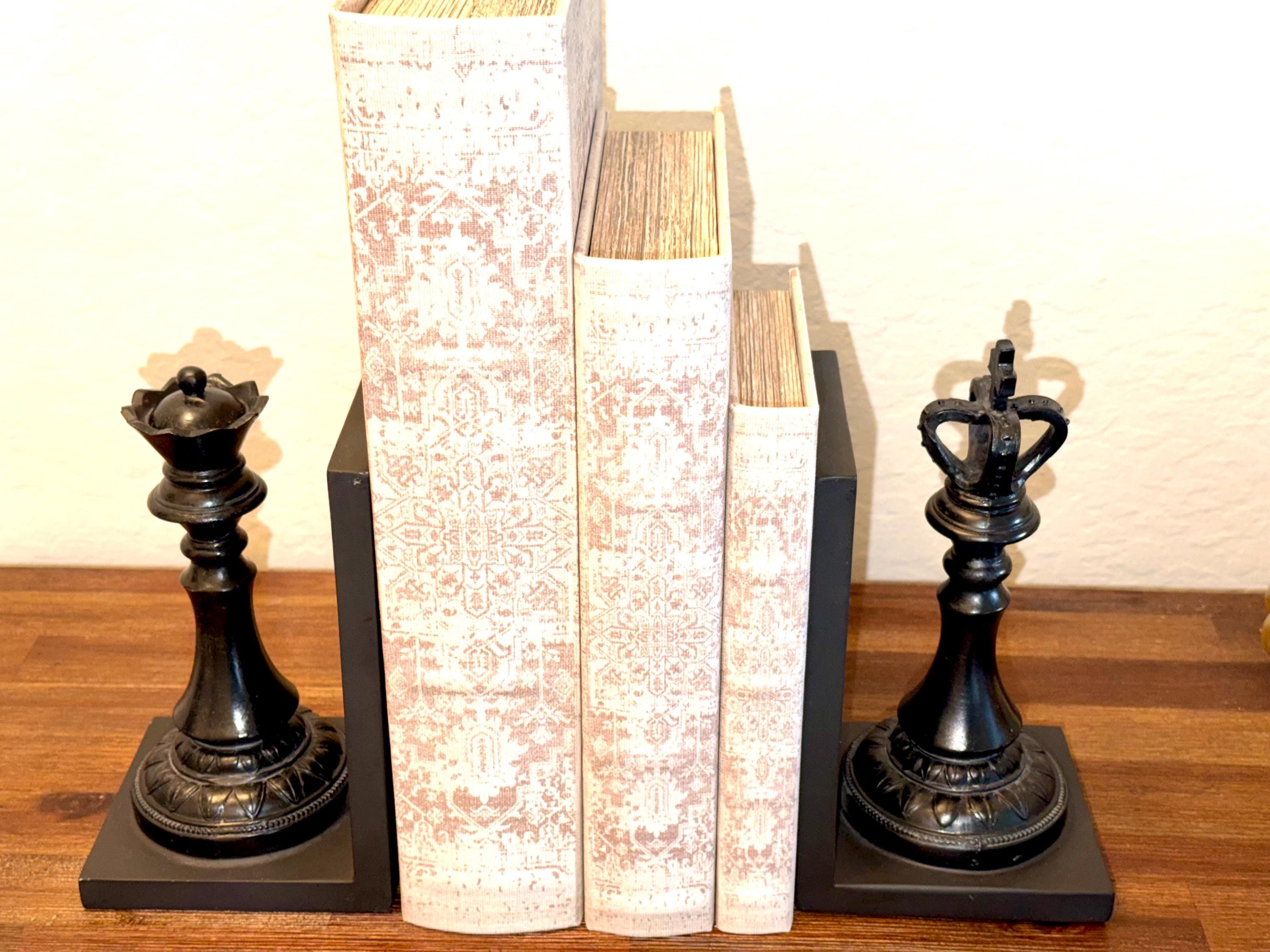 Black Chess King Queen Bookends Set | Heavy Decorative Library Shelf Office Decor