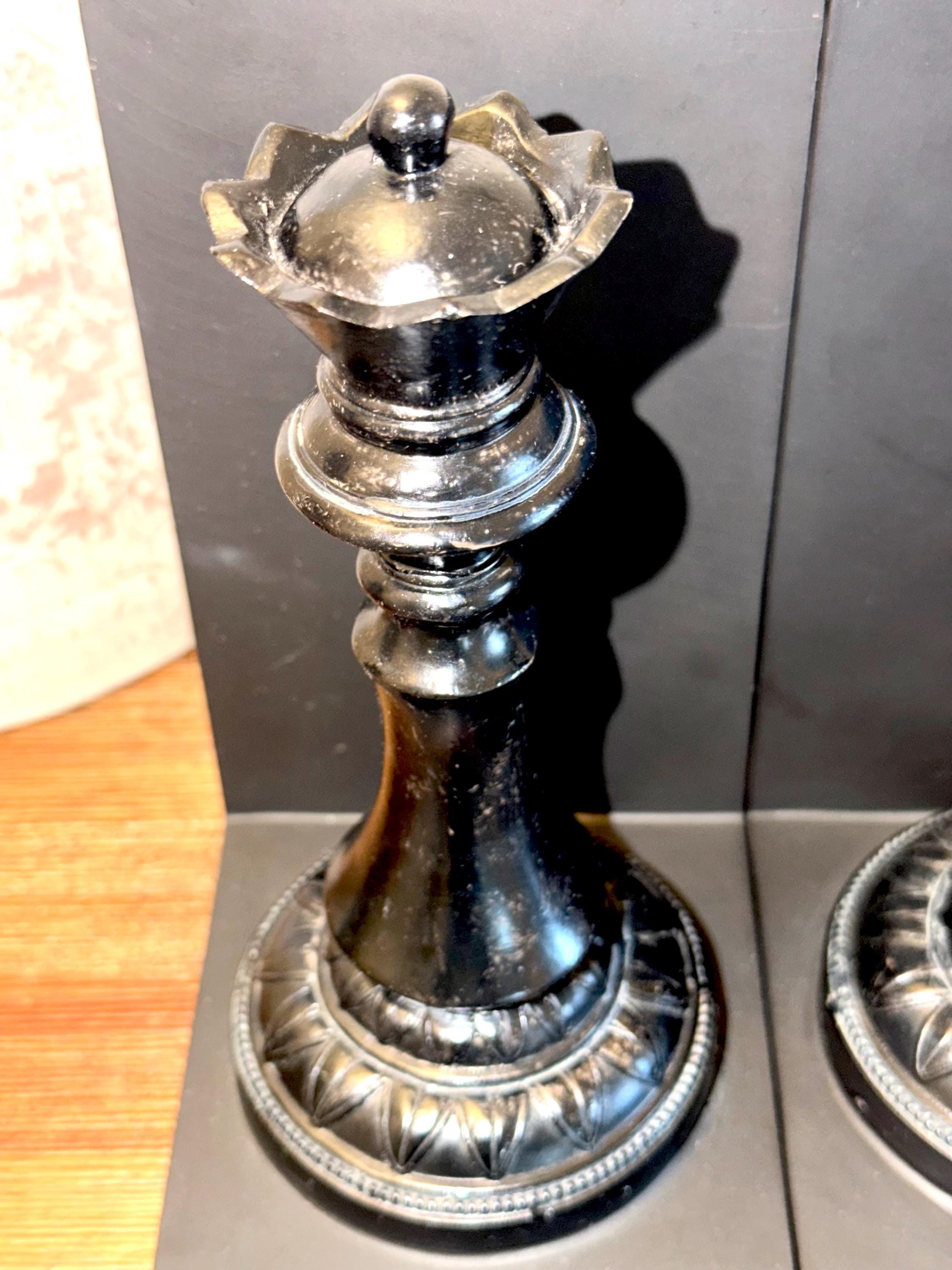 Black Chess King Queen Bookends Set | Heavy Decorative Library Shelf Office Decor