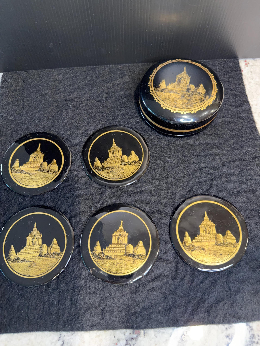 Black Lacquer Coasters – Gold Asian Temple Design Set