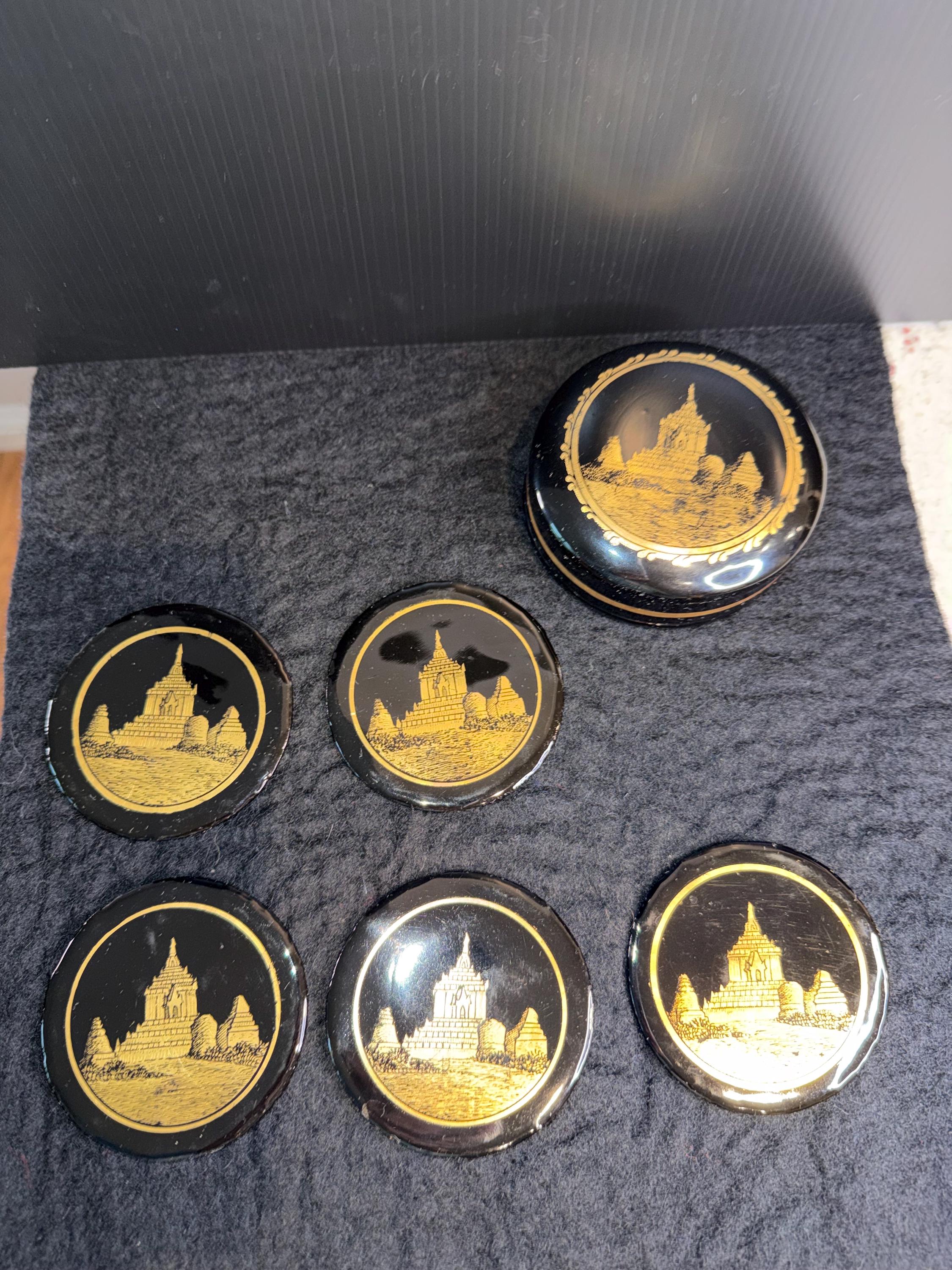 Black Lacquer Coasters – Gold Asian Temple Design Set