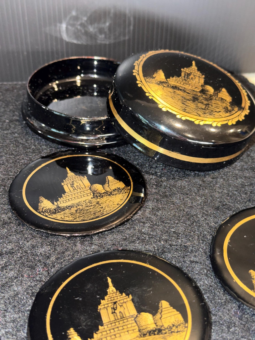 Black Lacquer Coasters – Gold Asian Temple Design Set