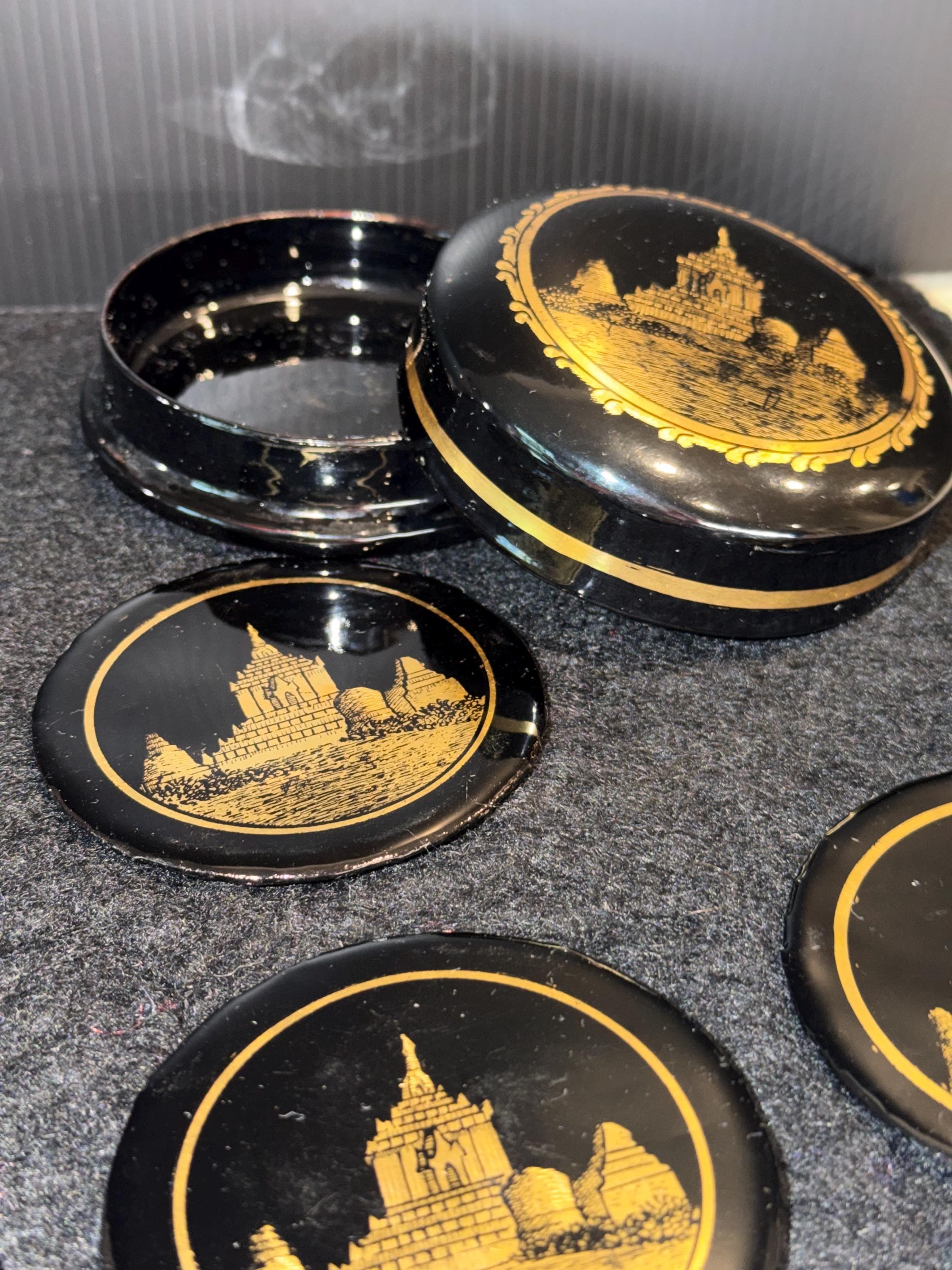Black Lacquer Coasters – Gold Asian Temple Design Set