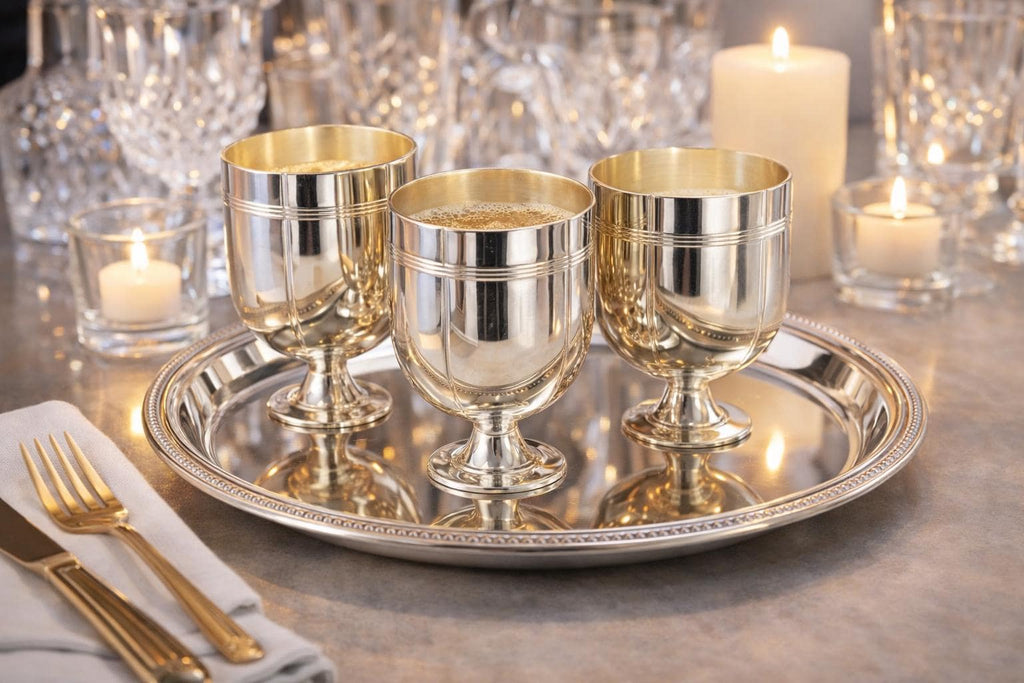 Silverplate Goblets Set – Gold Wash Interior, Mid-Century Villa Plate Barware Italian