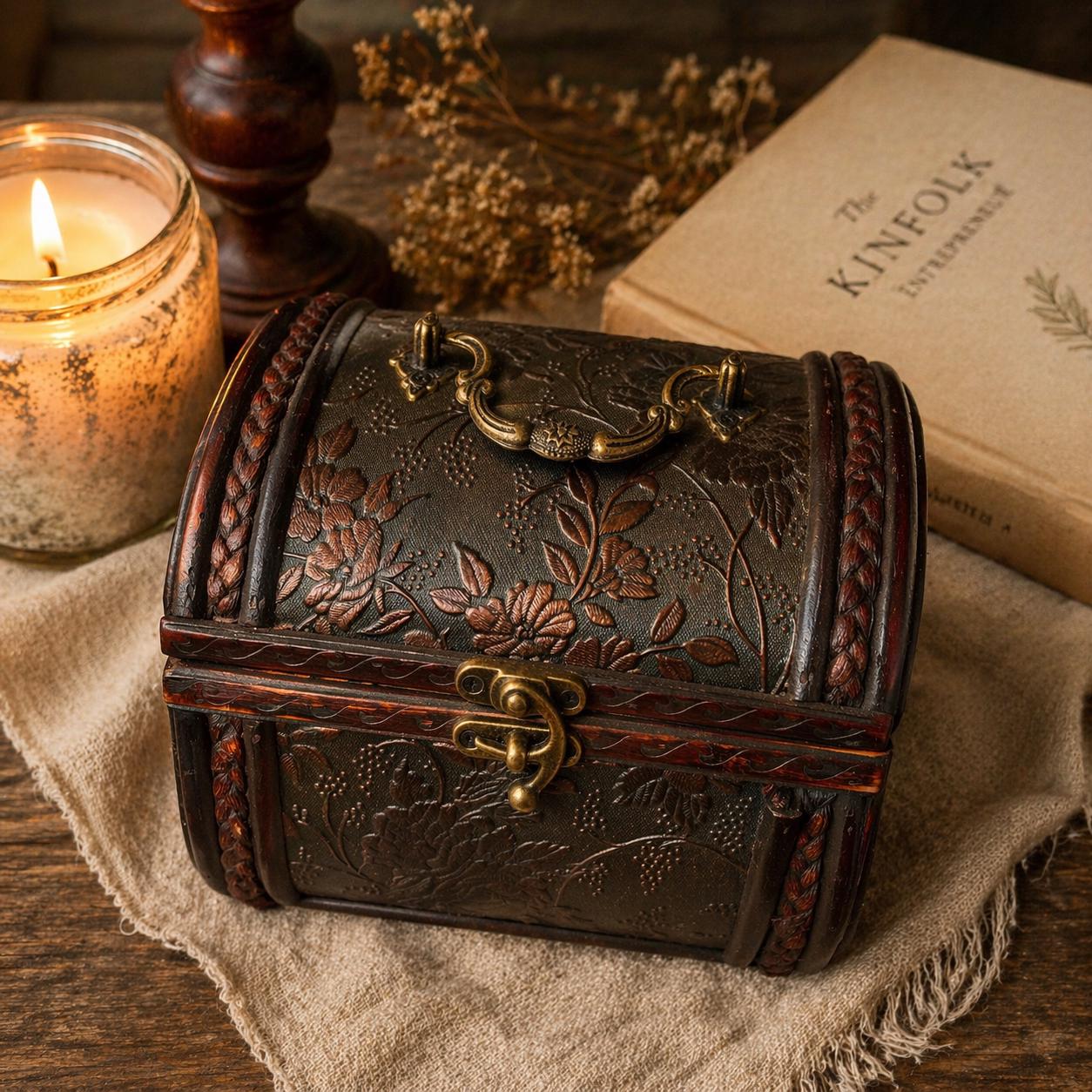 Floral Embossed Keepsake Box, Rustic Wooden Treasure Chest, Jewelry Storage, Cottage Decor, Memory Box
