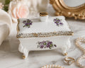 Porcelain Trinket Box: Gold Gilt Floral Violet Design, Footed Vanity Jewelry Storage