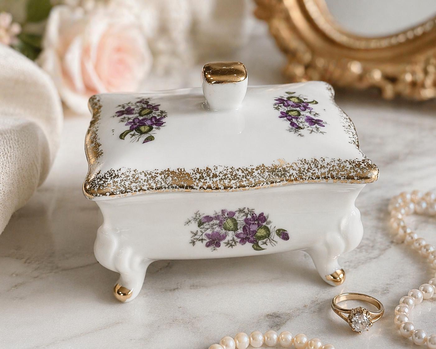 Porcelain Trinket Box: Gold Gilt Floral Violet Design, Footed Vanity Jewelry Storage