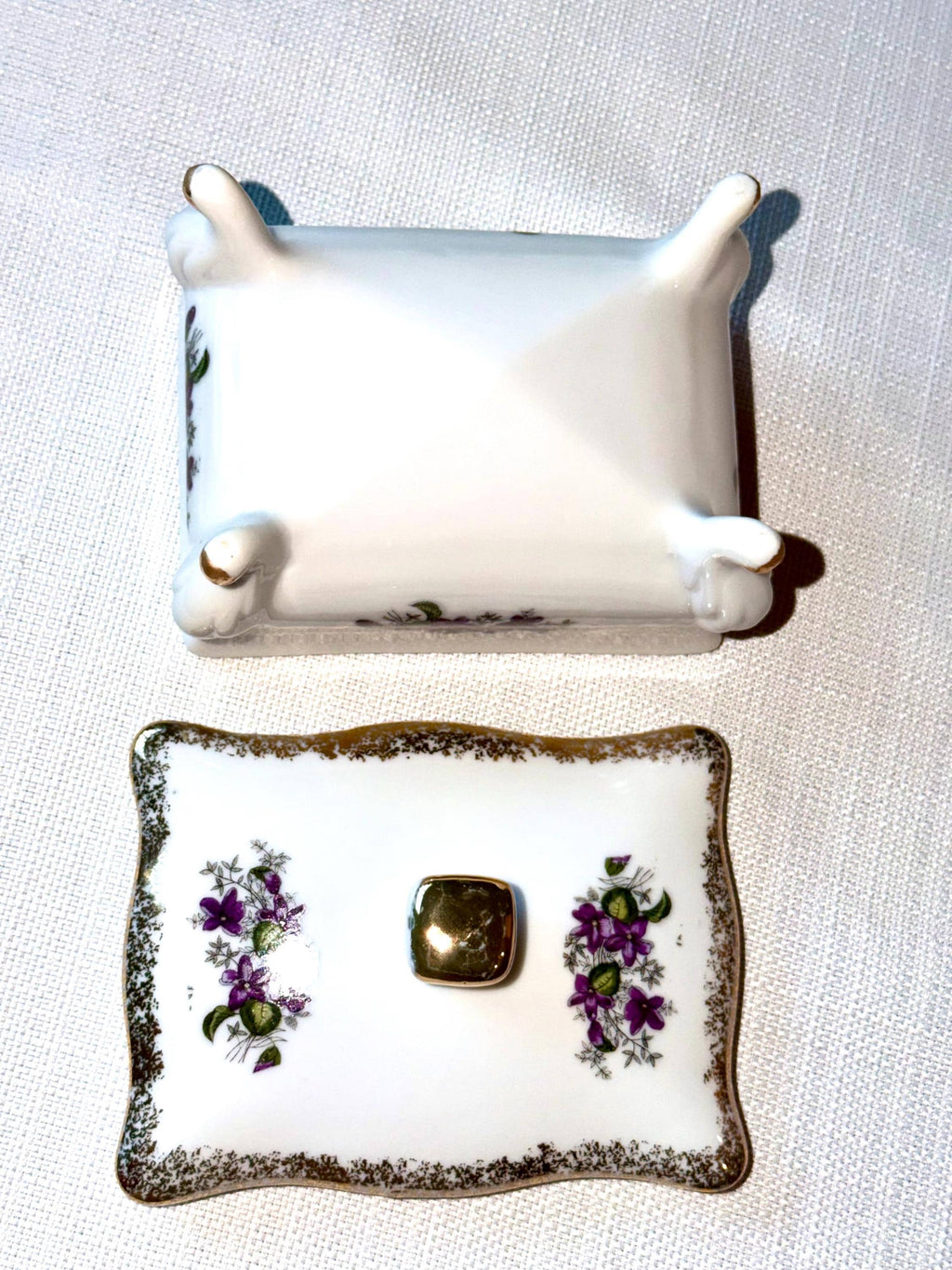 Porcelain Trinket Box: Gold Gilt Floral Violet Design, Footed Vanity Jewelry Storage