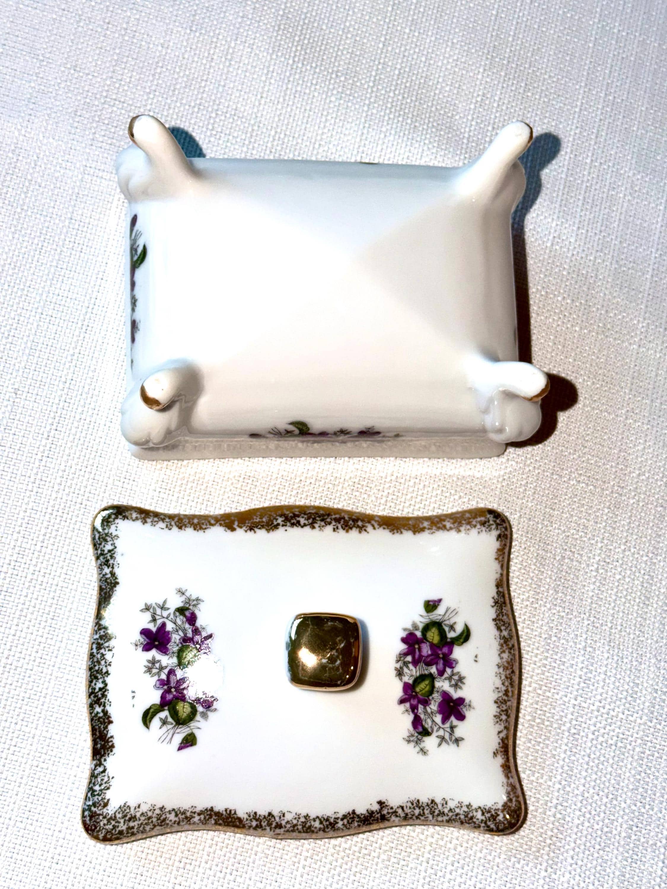 Porcelain Trinket Box: Gold Gilt Floral Violet Design, Footed Vanity Jewelry Storage