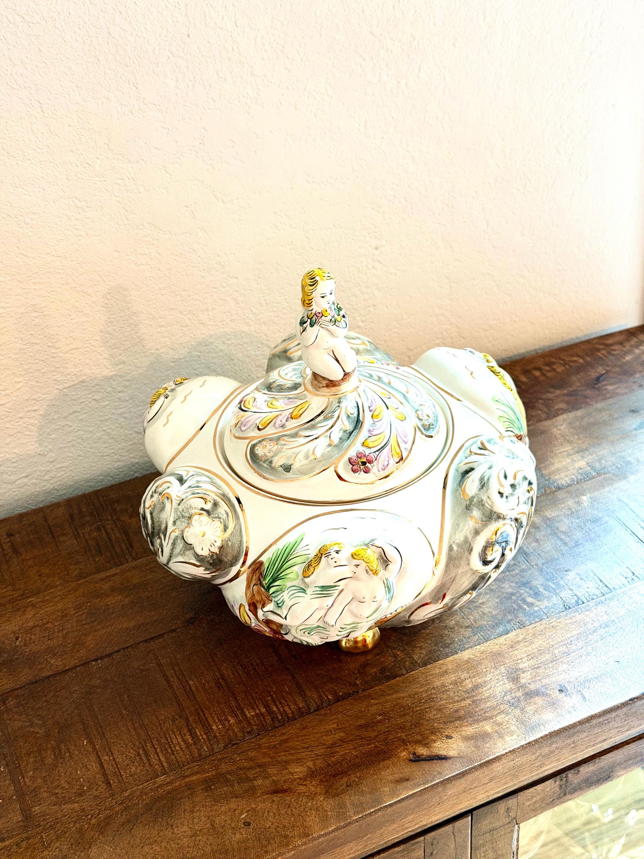A. Albaca Portuguese Porcelain Trinket Box: Hand-Painted Cherub Figural Vanity Jar