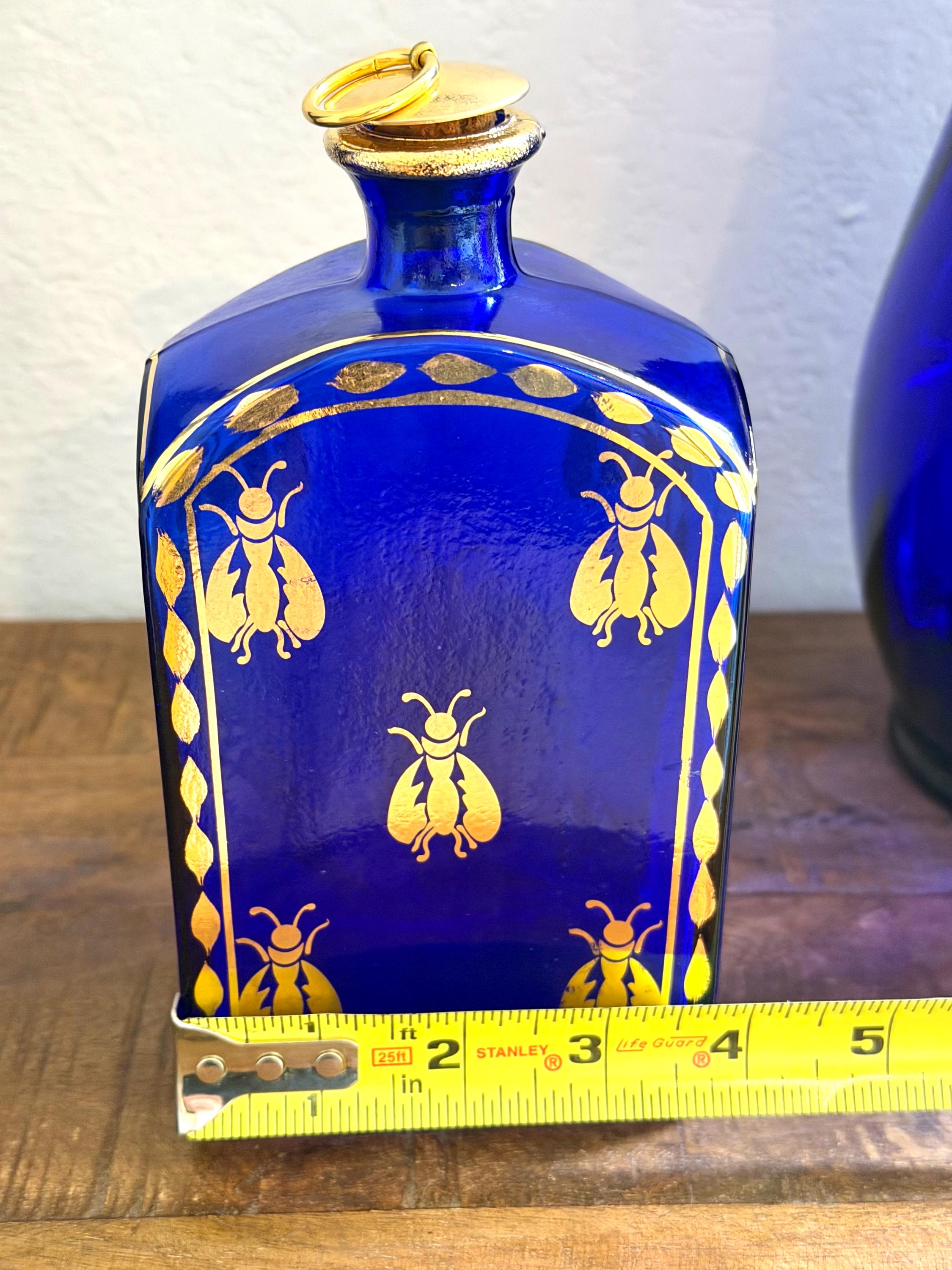 Cobalt Blue Glass Decanter Gold Bee Motif | Vintage Gilt Barware Bottle | Hollywood Regency Accent