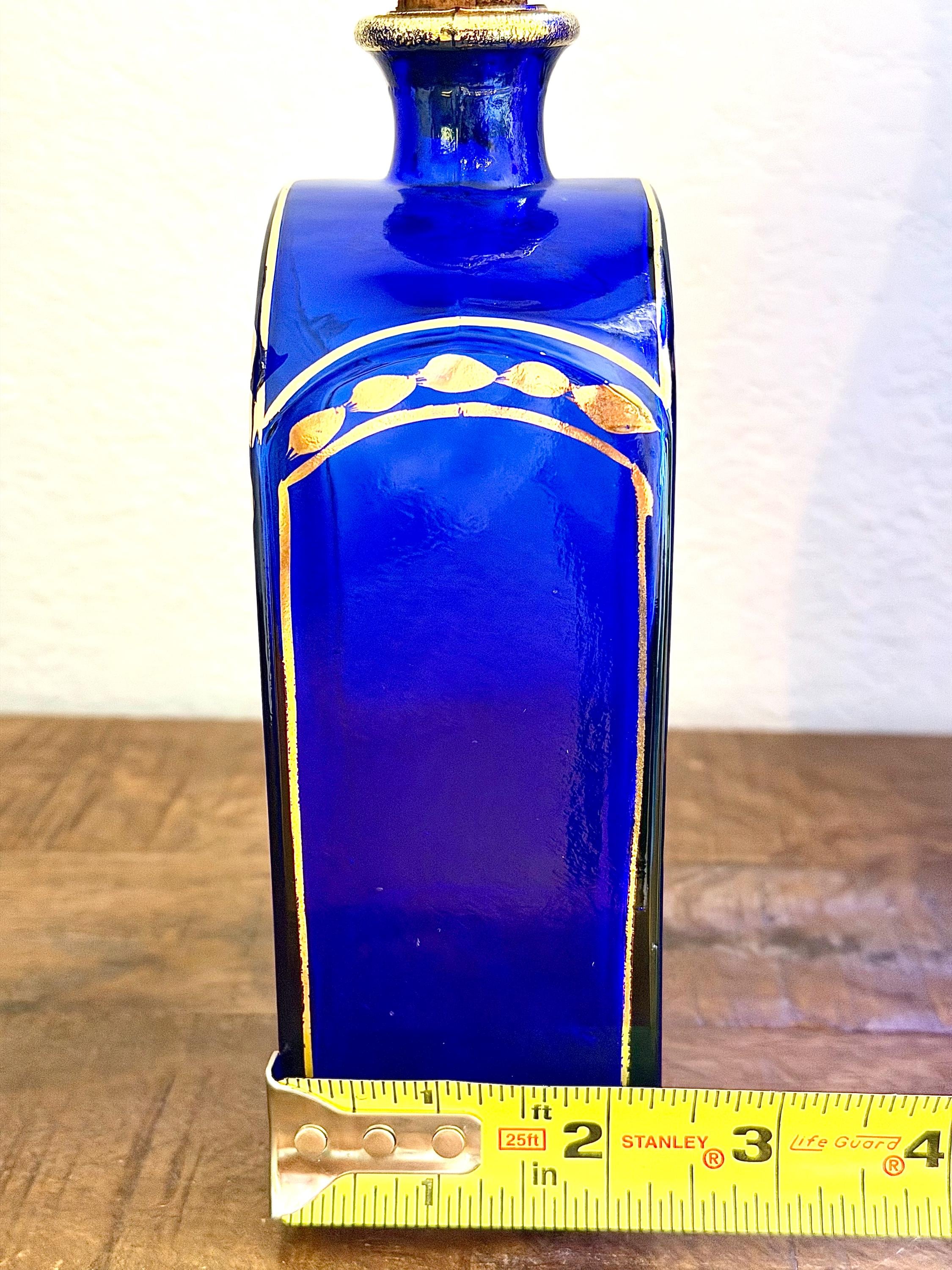 Cobalt Blue Glass Decanter Gold Bee Motif | Vintage Gilt Barware Bottle | Hollywood Regency Accent