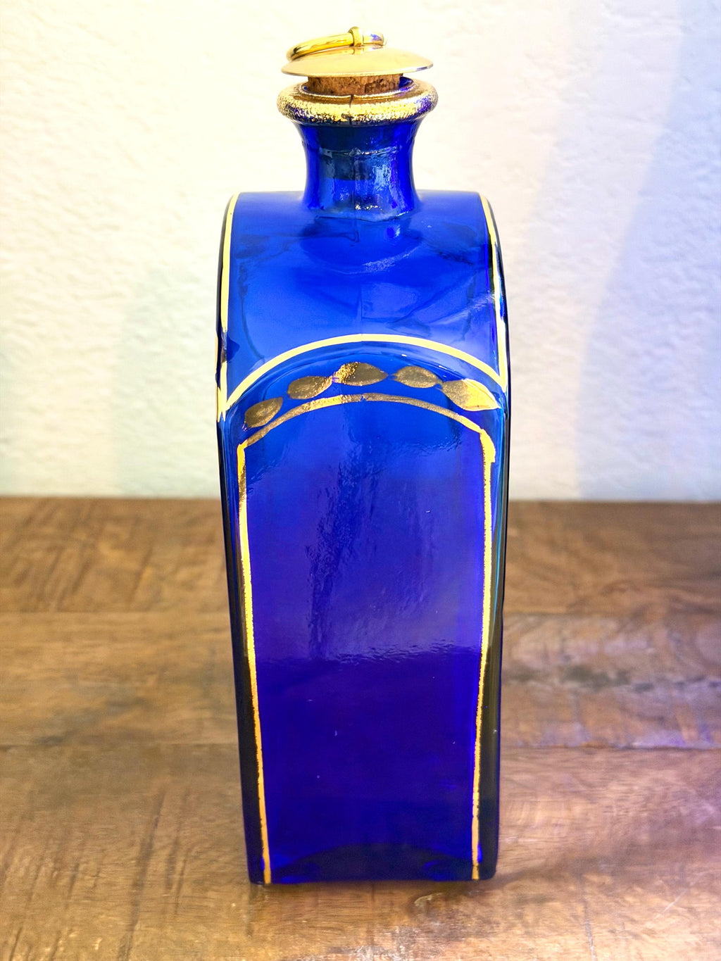 Cobalt Blue Glass Decanter Gold Bee Motif | Vintage Gilt Barware Bottle | Hollywood Regency Accent