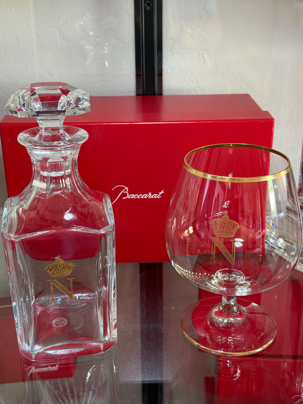 Baccarat Crystal Decanter w/ Monogram & Crown + Baccarat Box + Brandy with Box