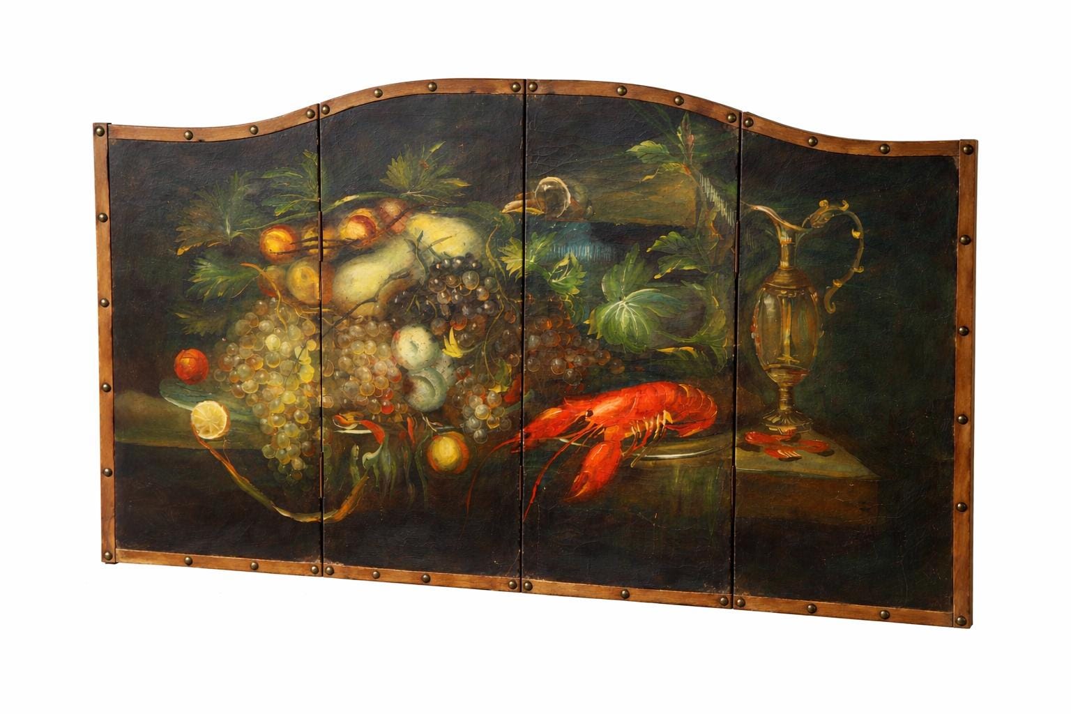 Folding Screen Hand Painted Still Life Fruit Lobster Leather Panel Italian French Style Decor