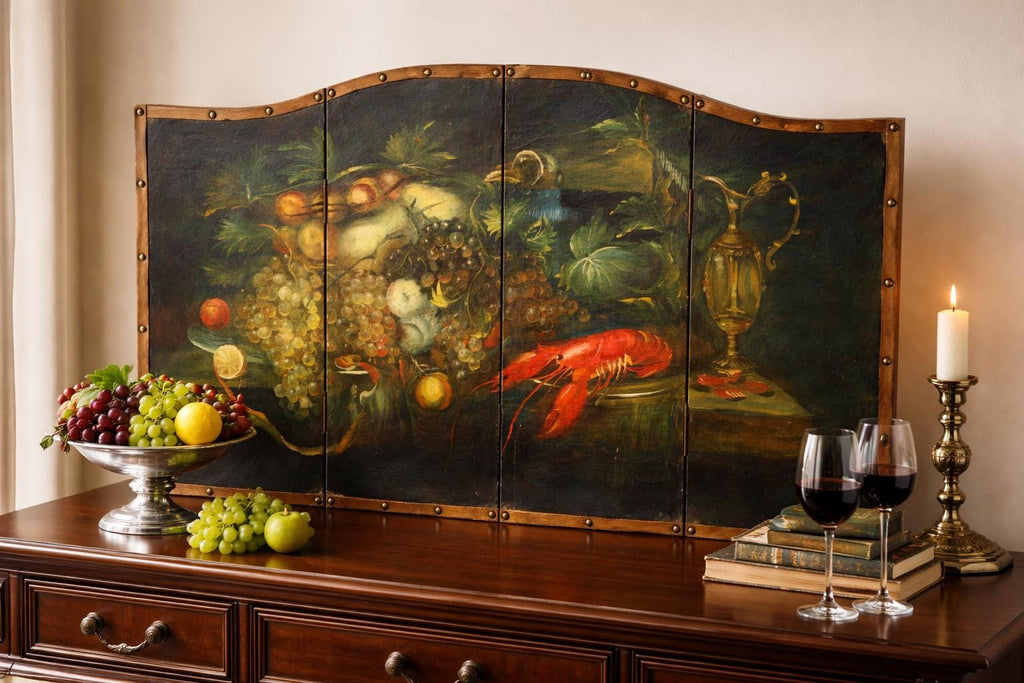 Folding Screen Hand Painted Still Life Fruit Lobster Leather Panel Italian French Style Decor