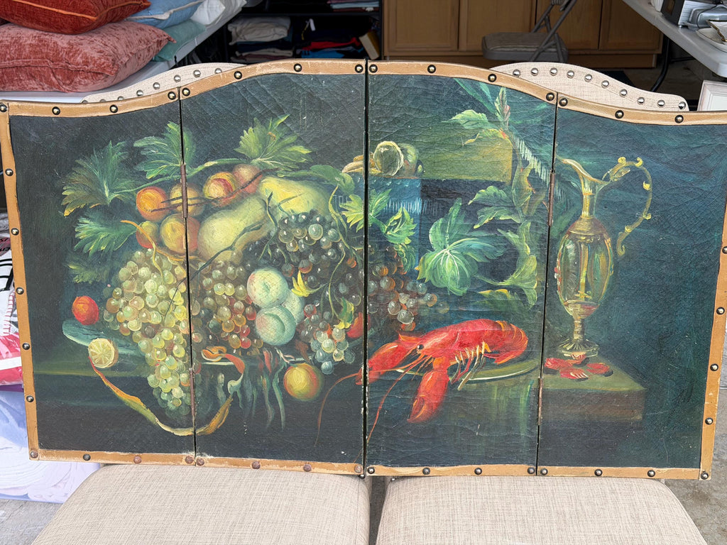 Folding Screen Hand Painted Still Life Fruit Lobster Leather Panel Italian French Style Decor