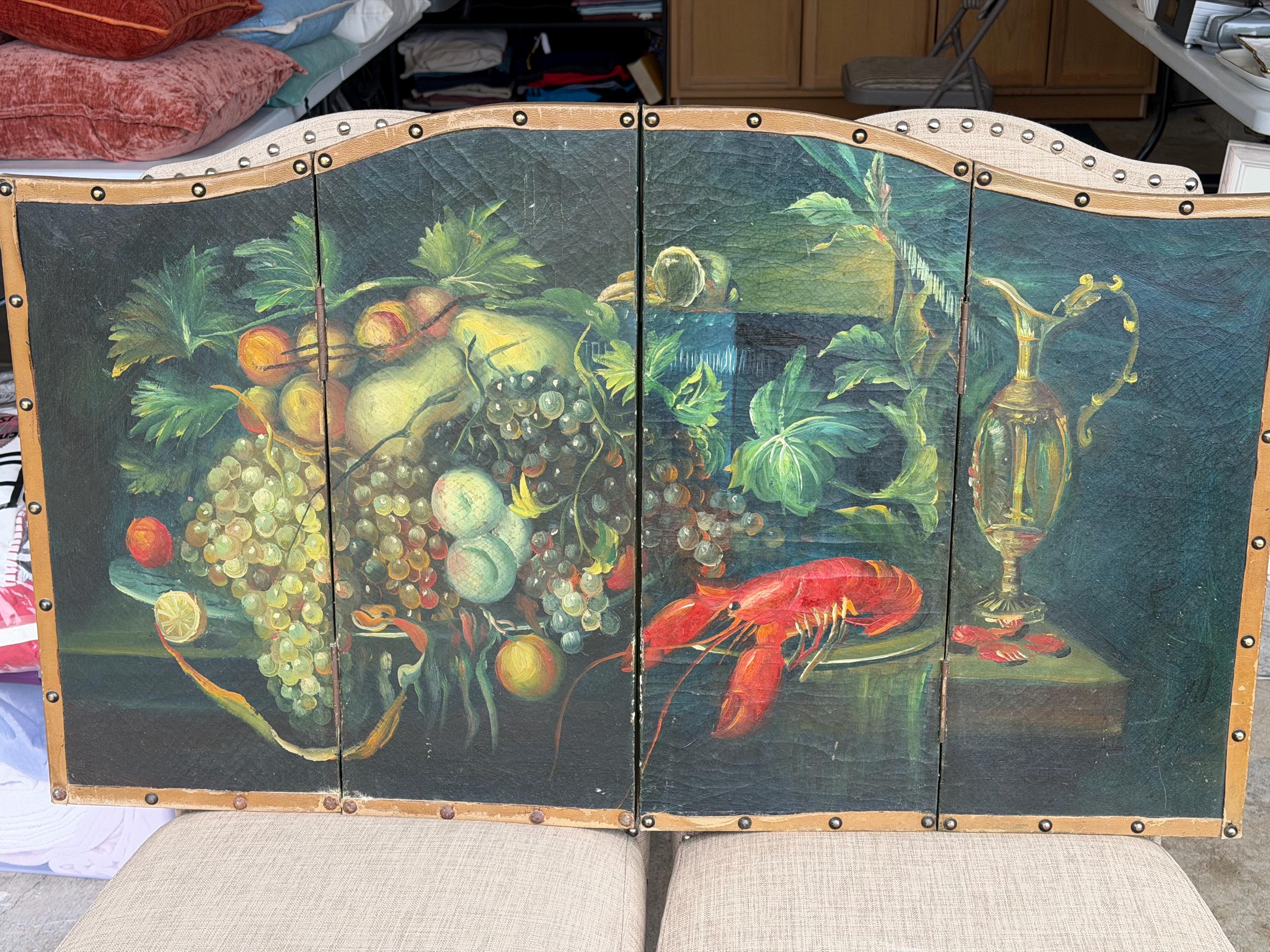 Folding Screen Hand Painted Still Life Fruit Lobster Leather Panel Italian French Style Decor