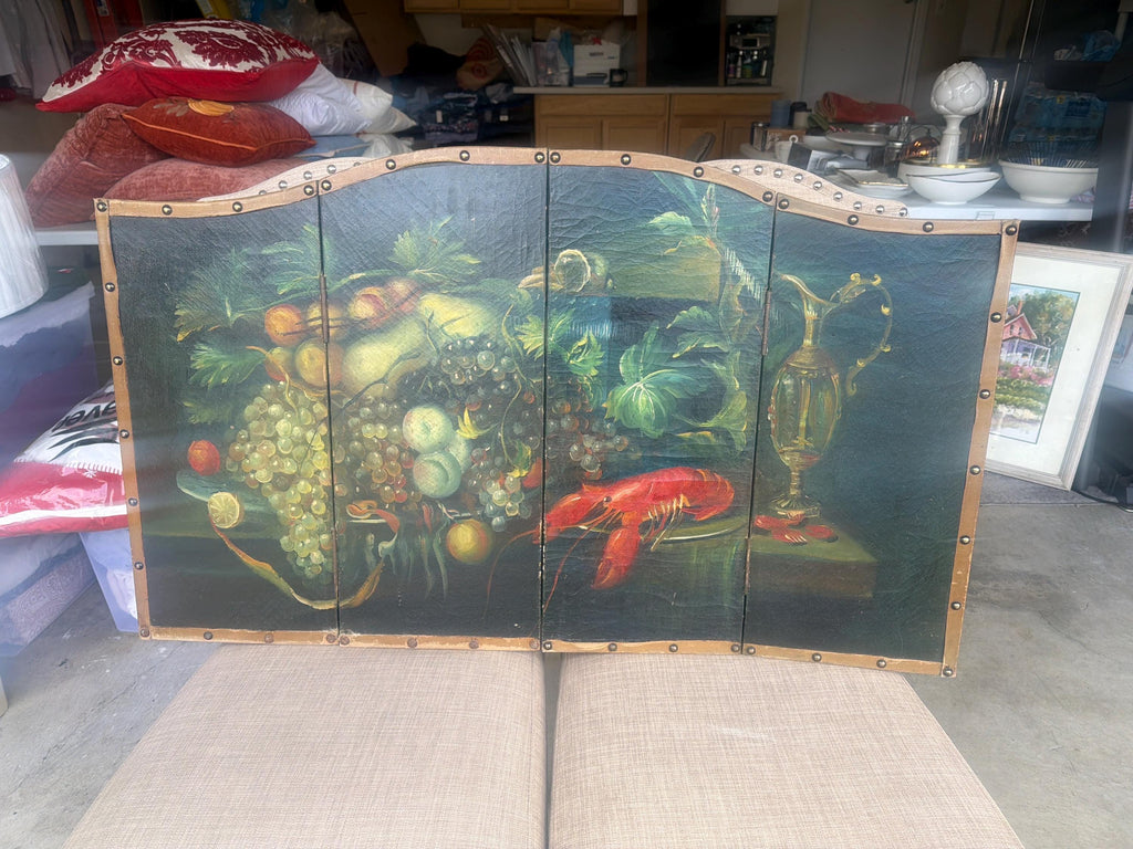 Folding Screen Hand Painted Still Life Fruit Lobster Leather Panel Italian French Style Decor