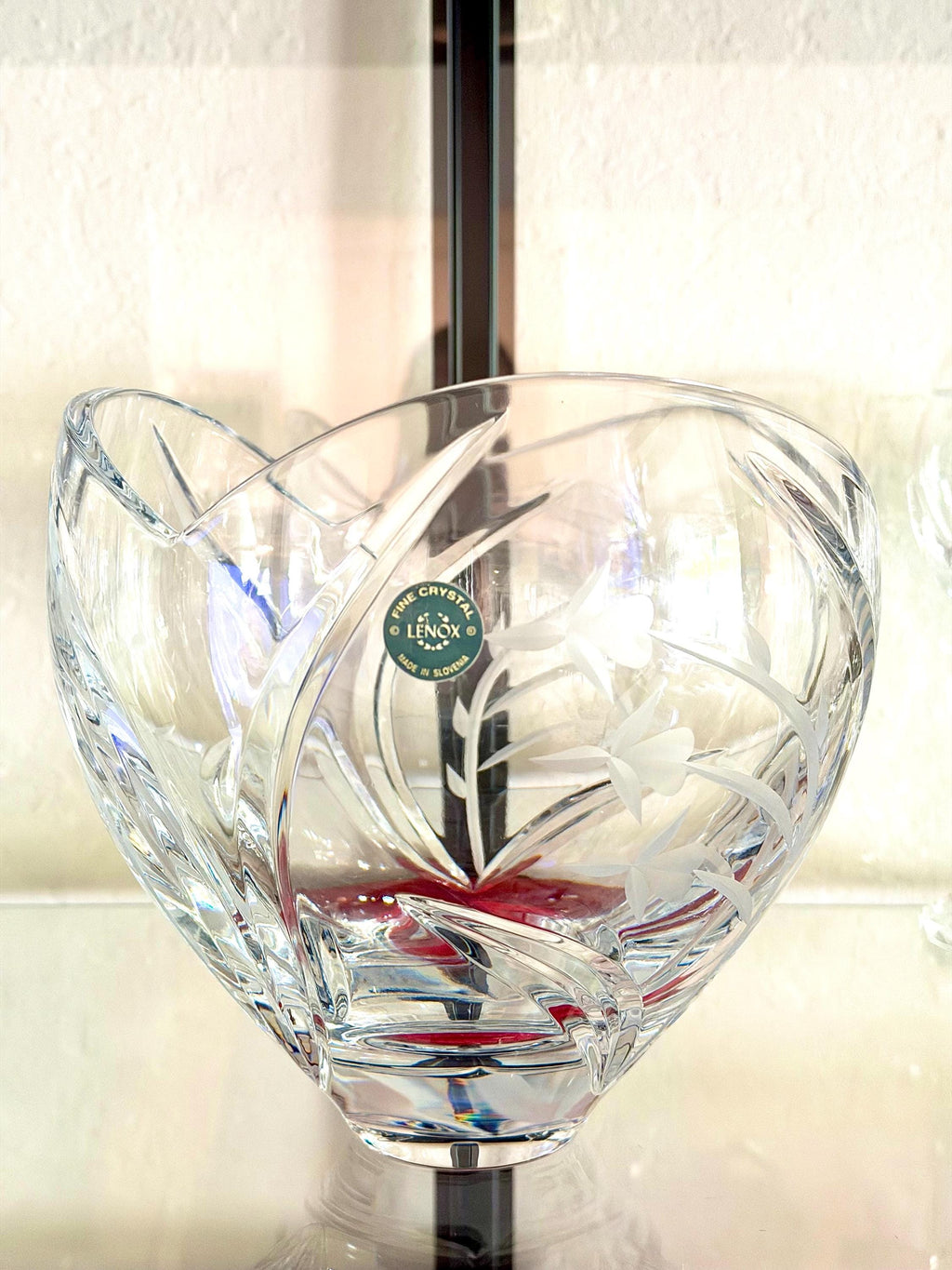 Lenox Crystal Vase, Sculptural Etched Floral Bowl, Made in Slovenia
