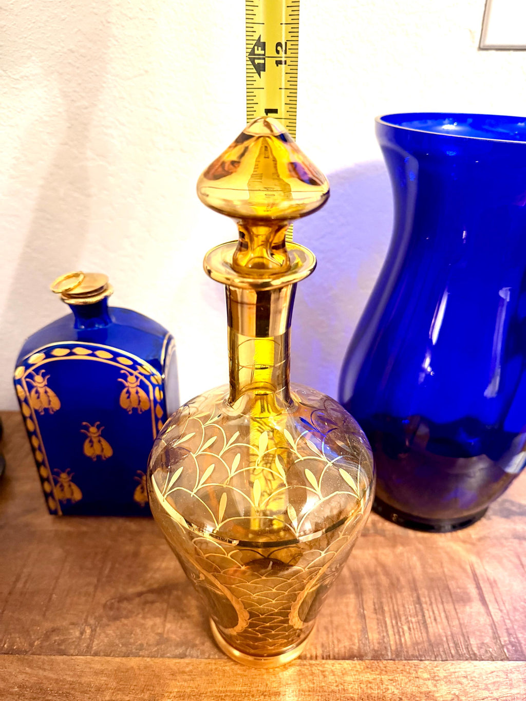 Amber Glass Decanter with Gold Etched Overlay Stopper | Mid Century Barware, Vanity Bottle
