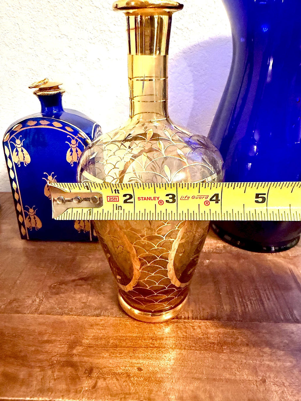 Amber Glass Decanter with Gold Etched Overlay Stopper | Mid Century Barware, Vanity Bottle
