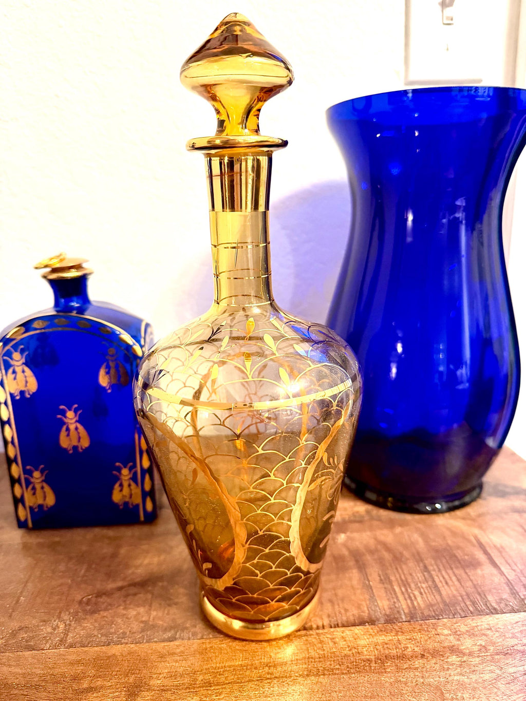 Amber Glass Decanter with Gold Etched Overlay Stopper | Mid Century Barware, Vanity Bottle
