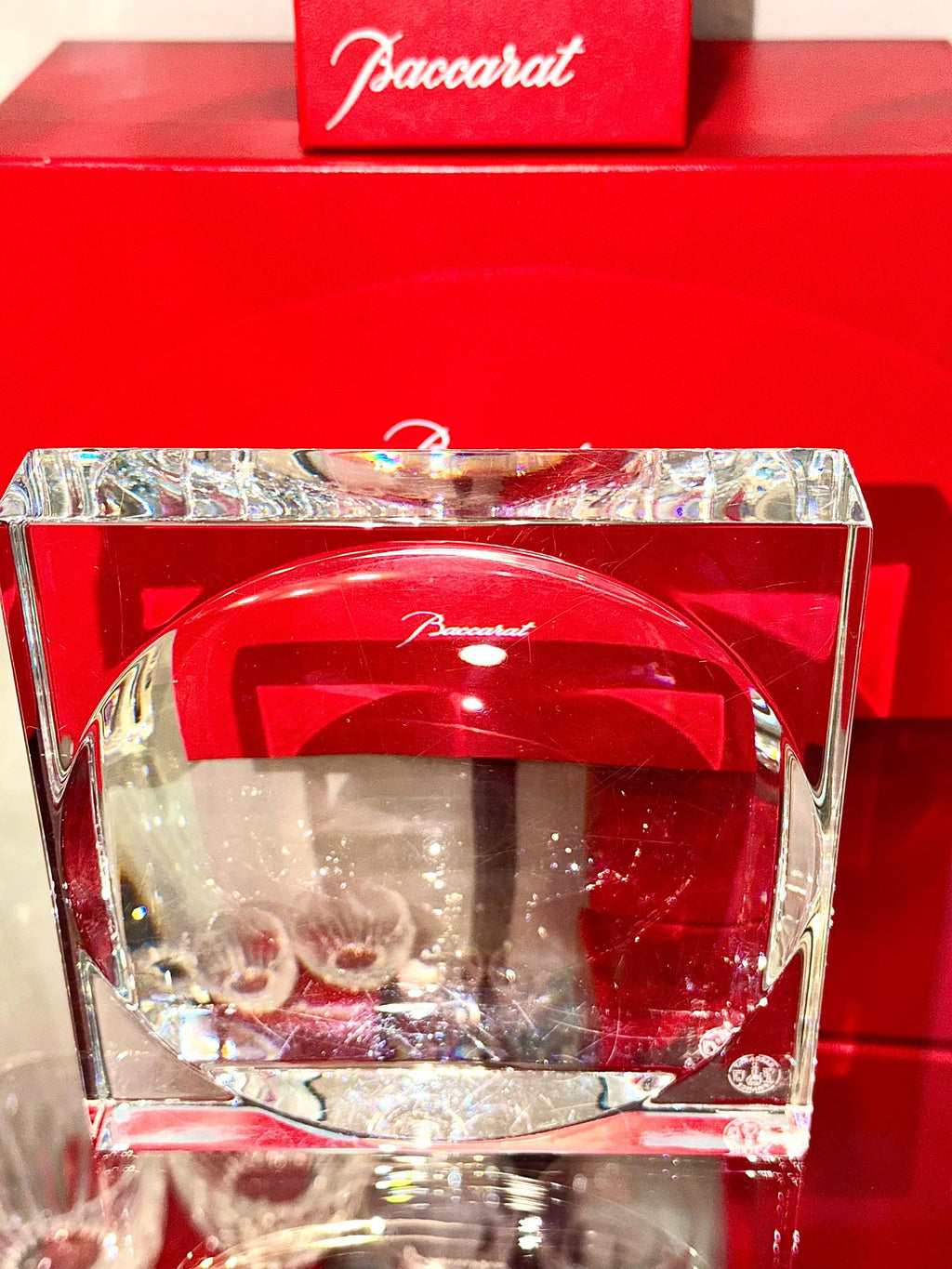 Baccarat Crystal Block Vase – Signed French Modern Glass Catchall 5” x 4” with Box