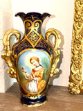 Cobalt Blue Porcelain Vase – Hand Painted Gilt Portrait Urn 12 Inch