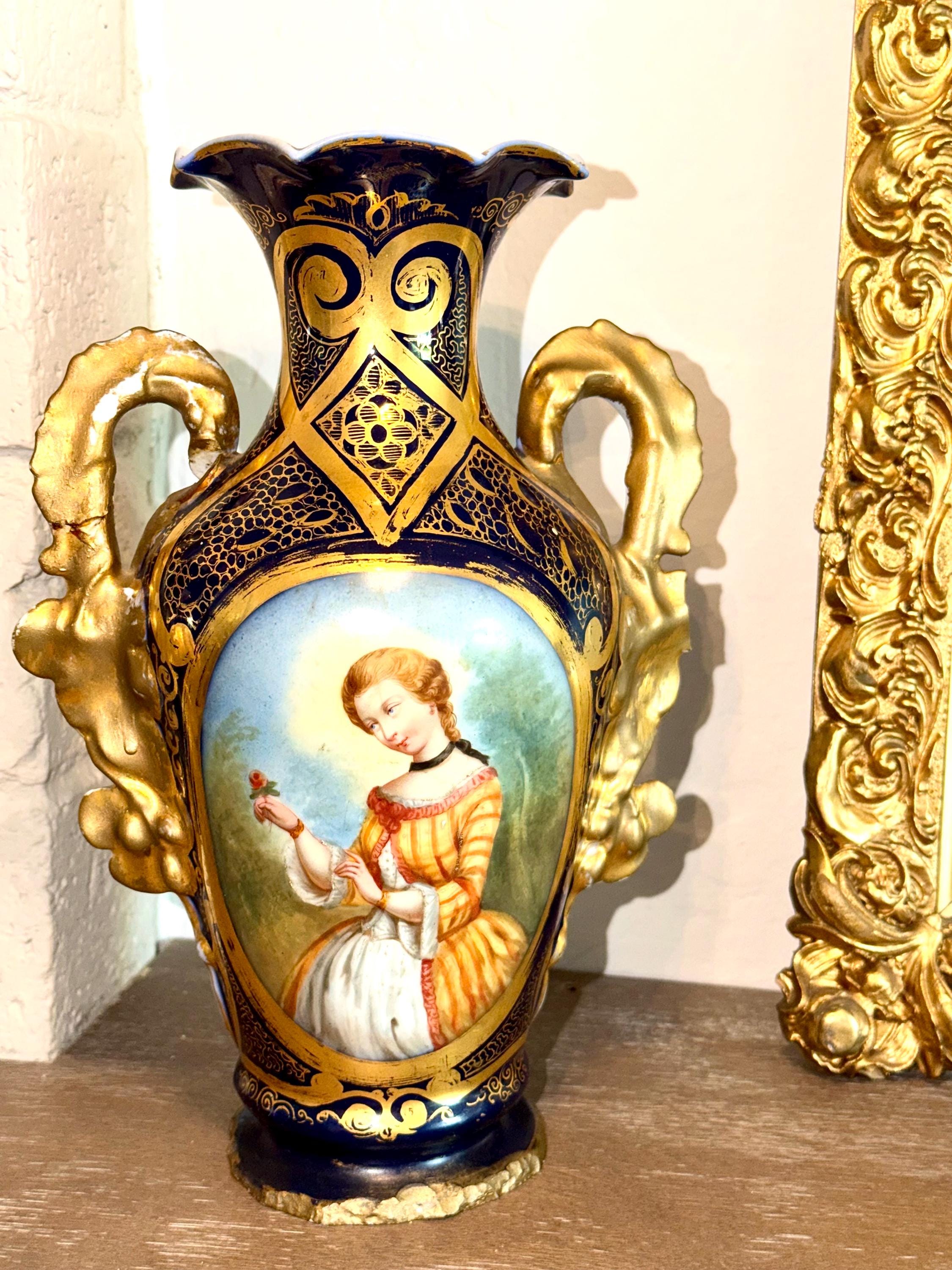 Cobalt Blue Porcelain Vase – Hand Painted Gilt Portrait Urn 12 Inch
