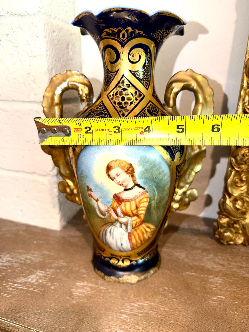 Cobalt Blue Porcelain Vase – Hand Painted Gilt Portrait Urn 12 Inch