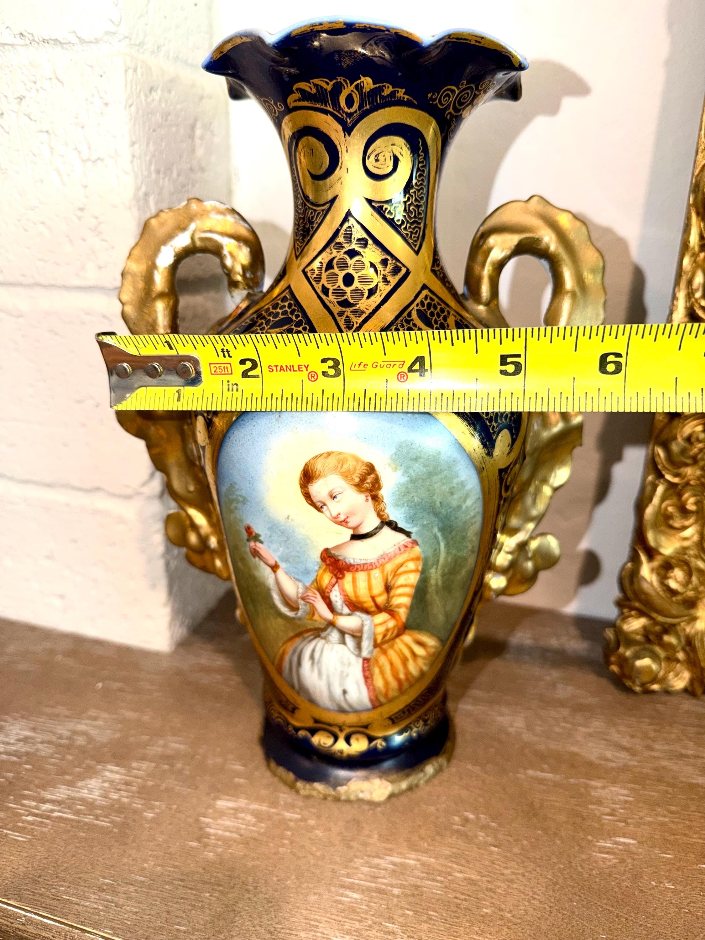 Cobalt Blue Porcelain Vase – Hand Painted Gilt Portrait Urn 12 Inch