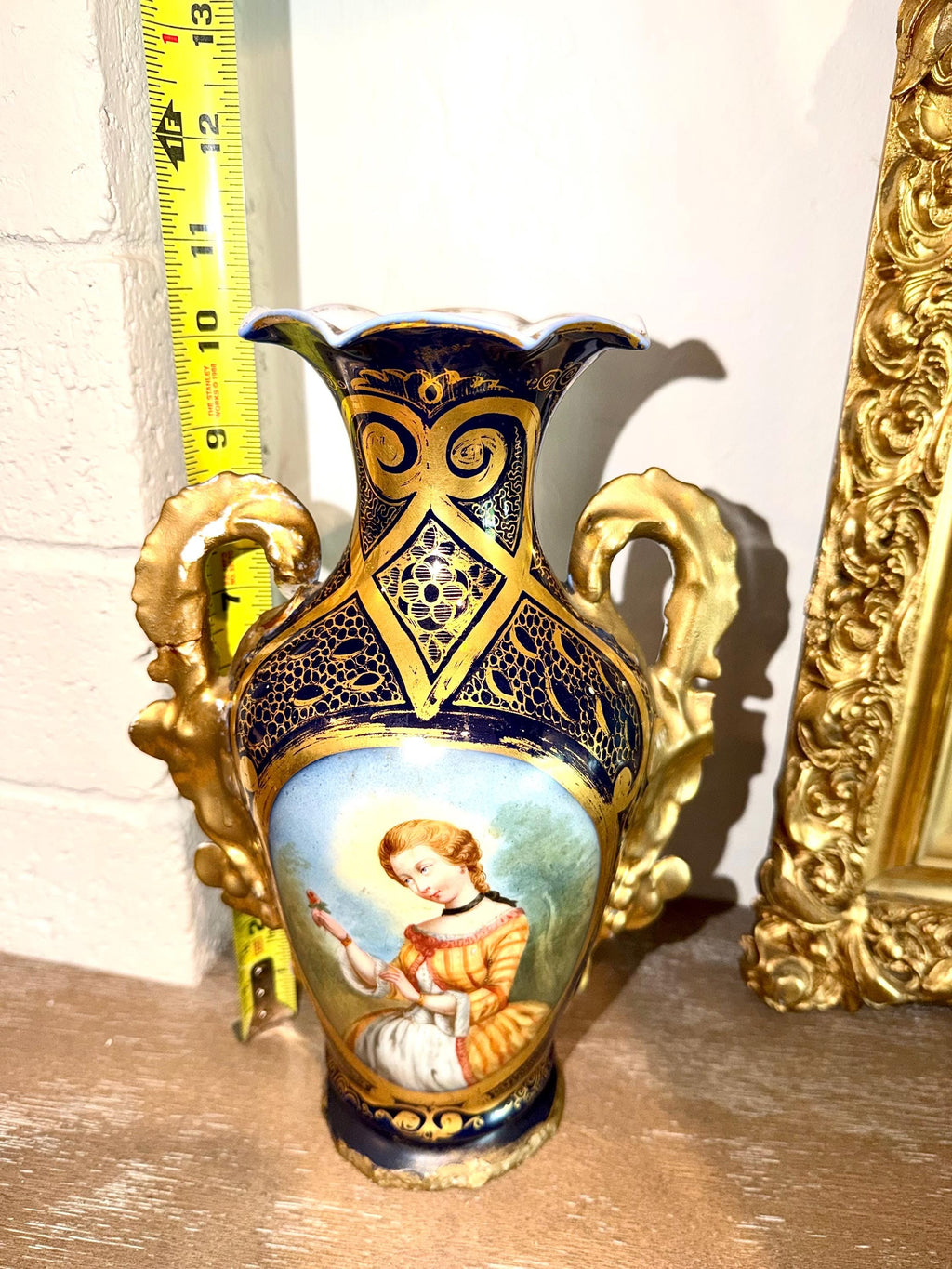 Cobalt Blue Porcelain Vase – Hand Painted Gilt Portrait Urn 12 Inch