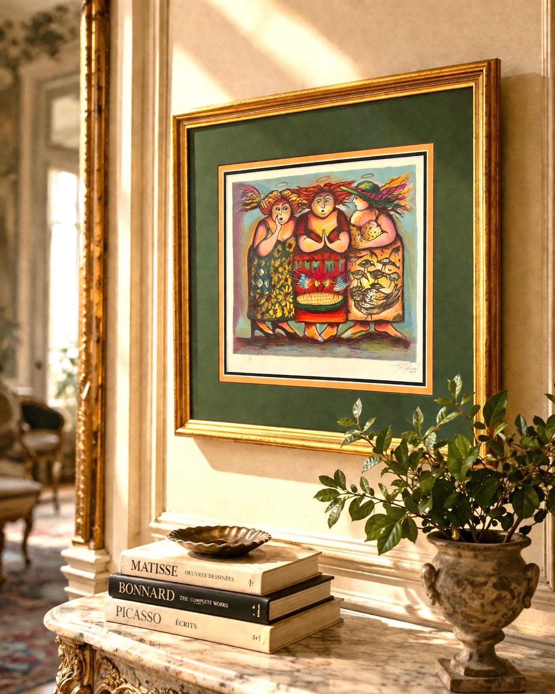 Folk Art Print – Three Women Figurative Scene, Gallery Style Decor Signed