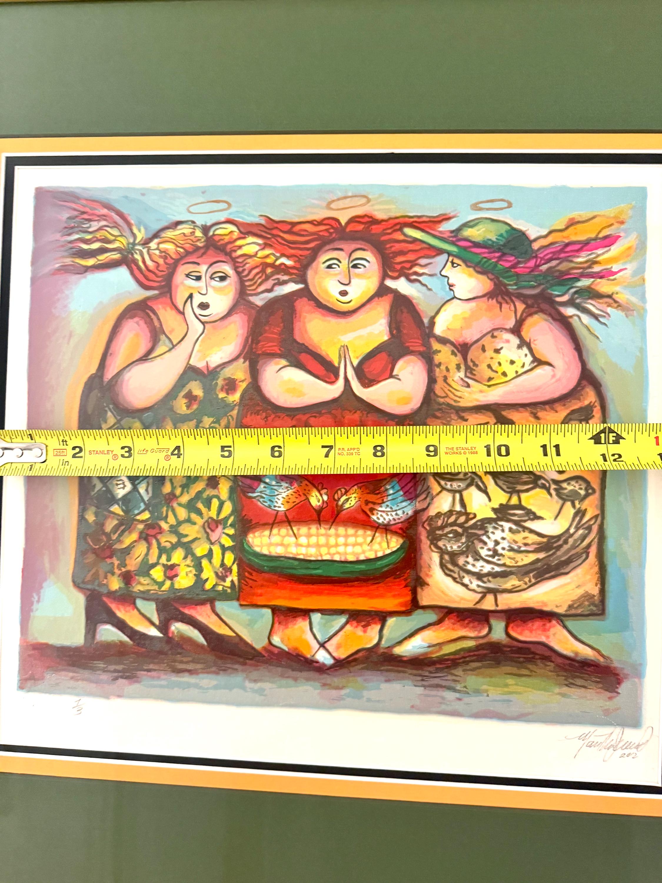 Folk Art Print – Three Women Figurative Scene, Gallery Style Decor Signed