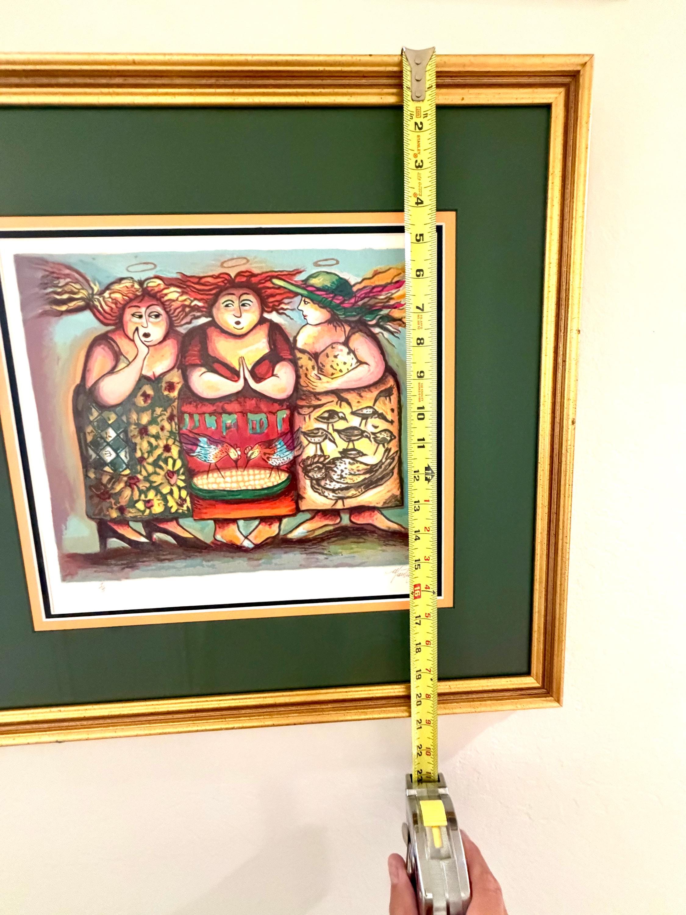 Folk Art Print – Three Women Figurative Scene, Gallery Style Decor Signed