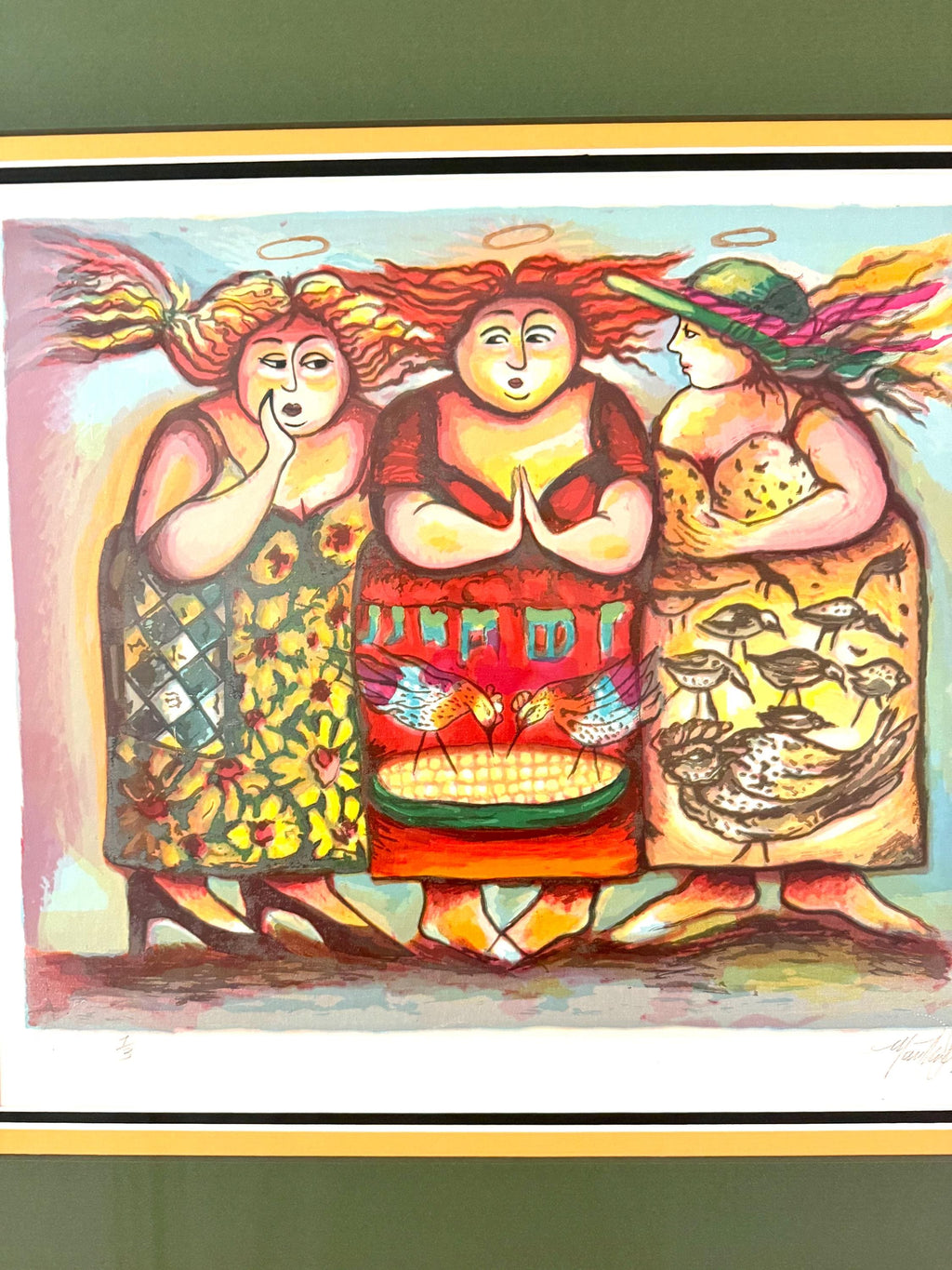 Folk Art Print – Three Women Figurative Scene, Gallery Style Decor Signed