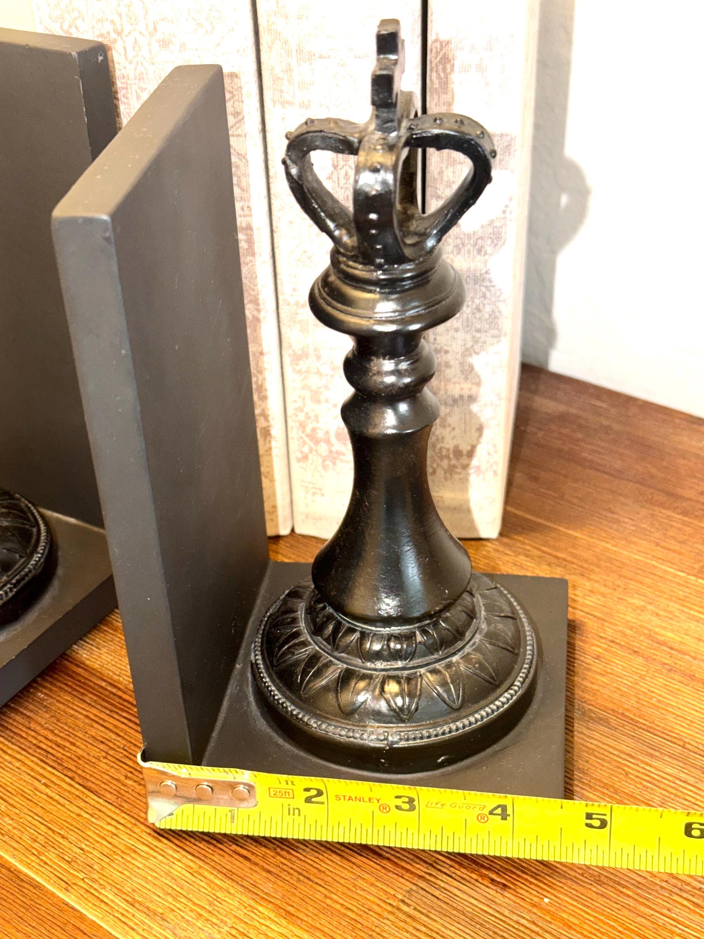 Black Chess King Queen Bookends Set | Heavy Decorative Library Shelf Office Decor