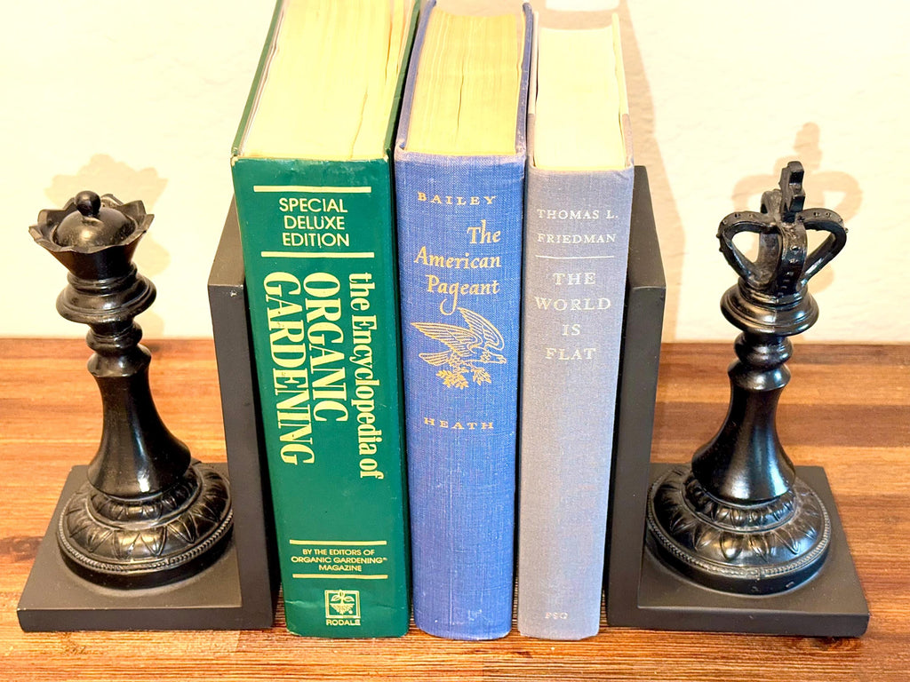 Black Chess King Queen Bookends Set | Heavy Decorative Library Shelf Office Decor