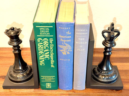 Black Chess King Queen Bookends Set | Heavy Decorative Library Shelf Office Decor