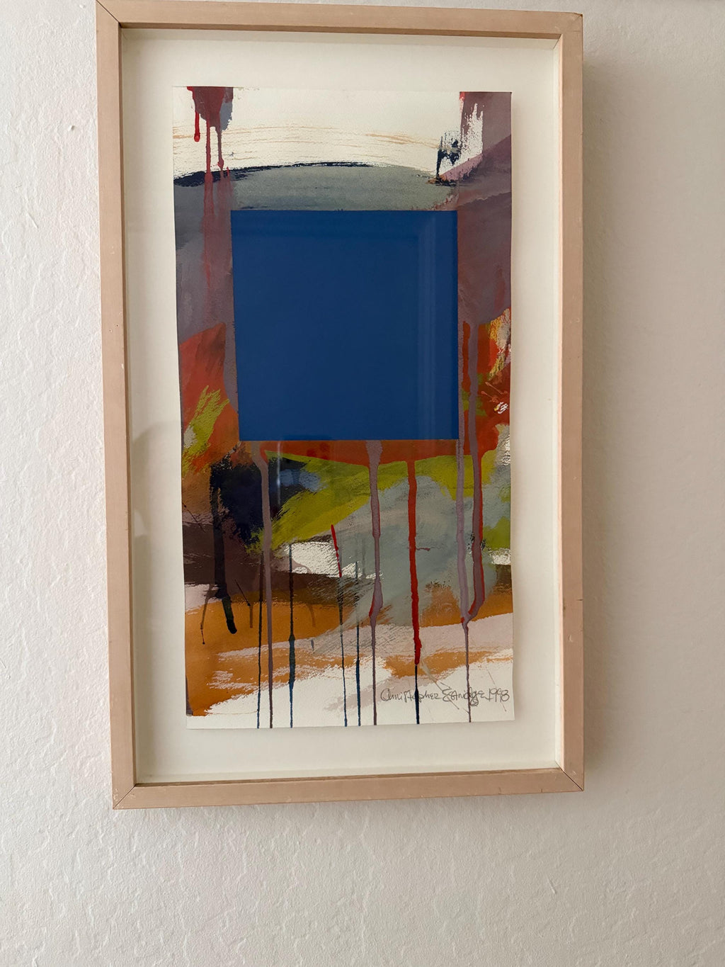 Abstract Mixed Media Painting 1998, Signed Expressionist Wall Art, Natural Wood Frame