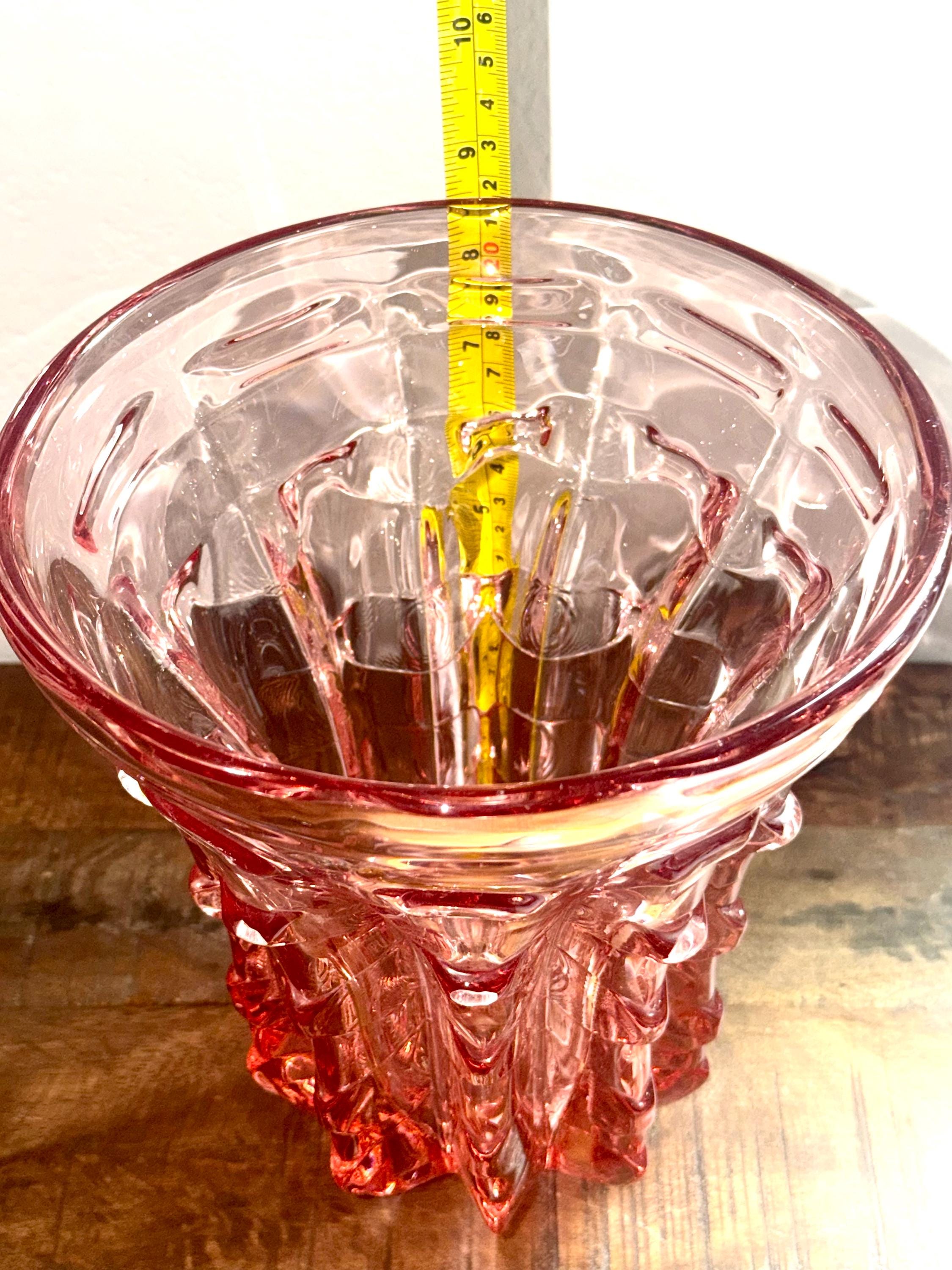 Sculptural Pink Art Glass Vase | Mid-Century Modern Heavy Blush Crystal Bowl