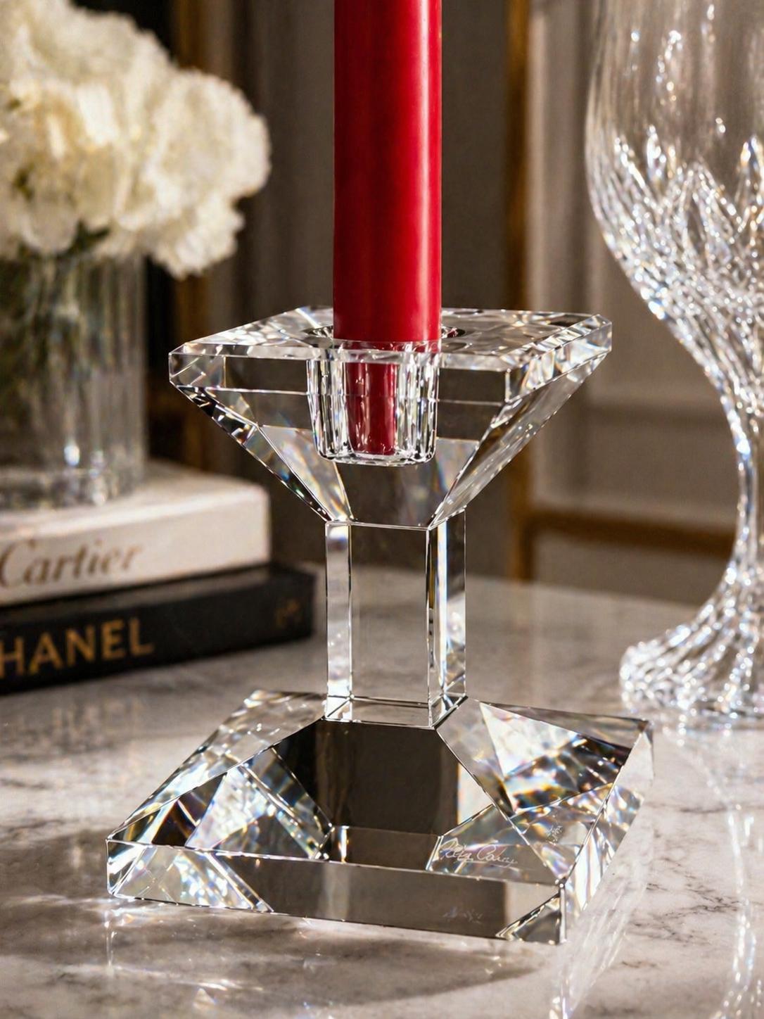 Signed Olga Costa Crystal Candlestick Holder | Faceted Sculptural Modern Décor