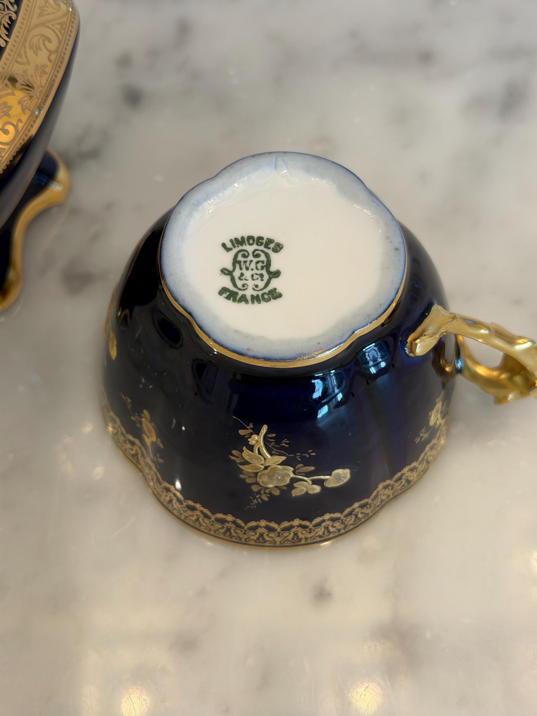 Limoges Cobalt Blue Porcelain Vase and Teacup Set – 24K Gold Gilt Courting Scene