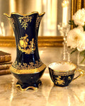 Limoges Cobalt Blue Porcelain Vase and Teacup Set – 24K Gold Gilt Courting Scene