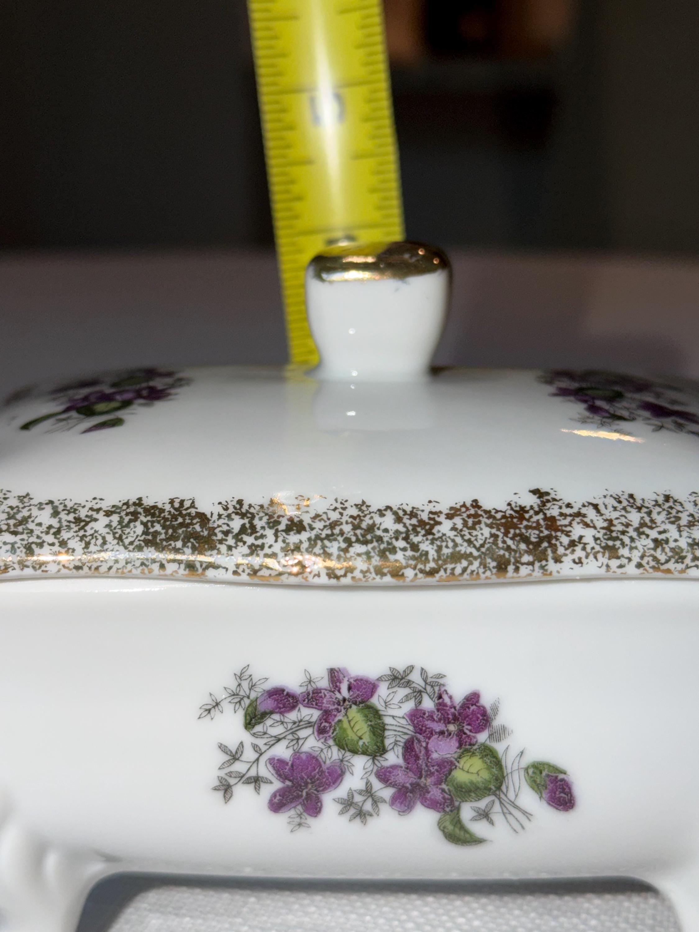 Porcelain Trinket Box: Gold Gilt Floral Violet Design, Footed Vanity Jewelry Storage