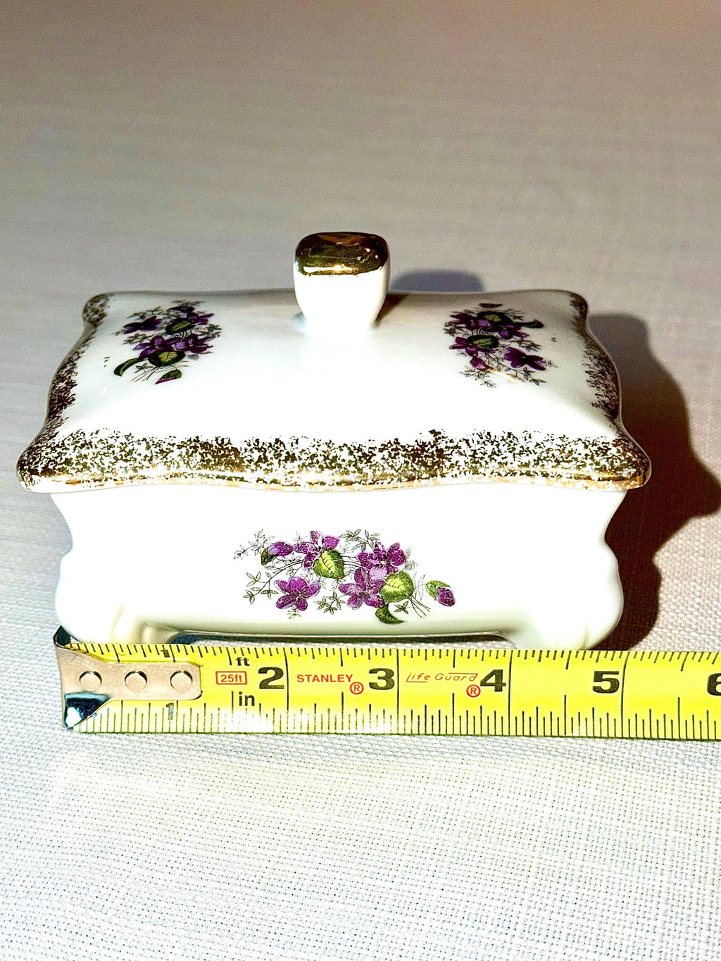 Porcelain Trinket Box: Gold Gilt Floral Violet Design, Footed Vanity Jewelry Storage